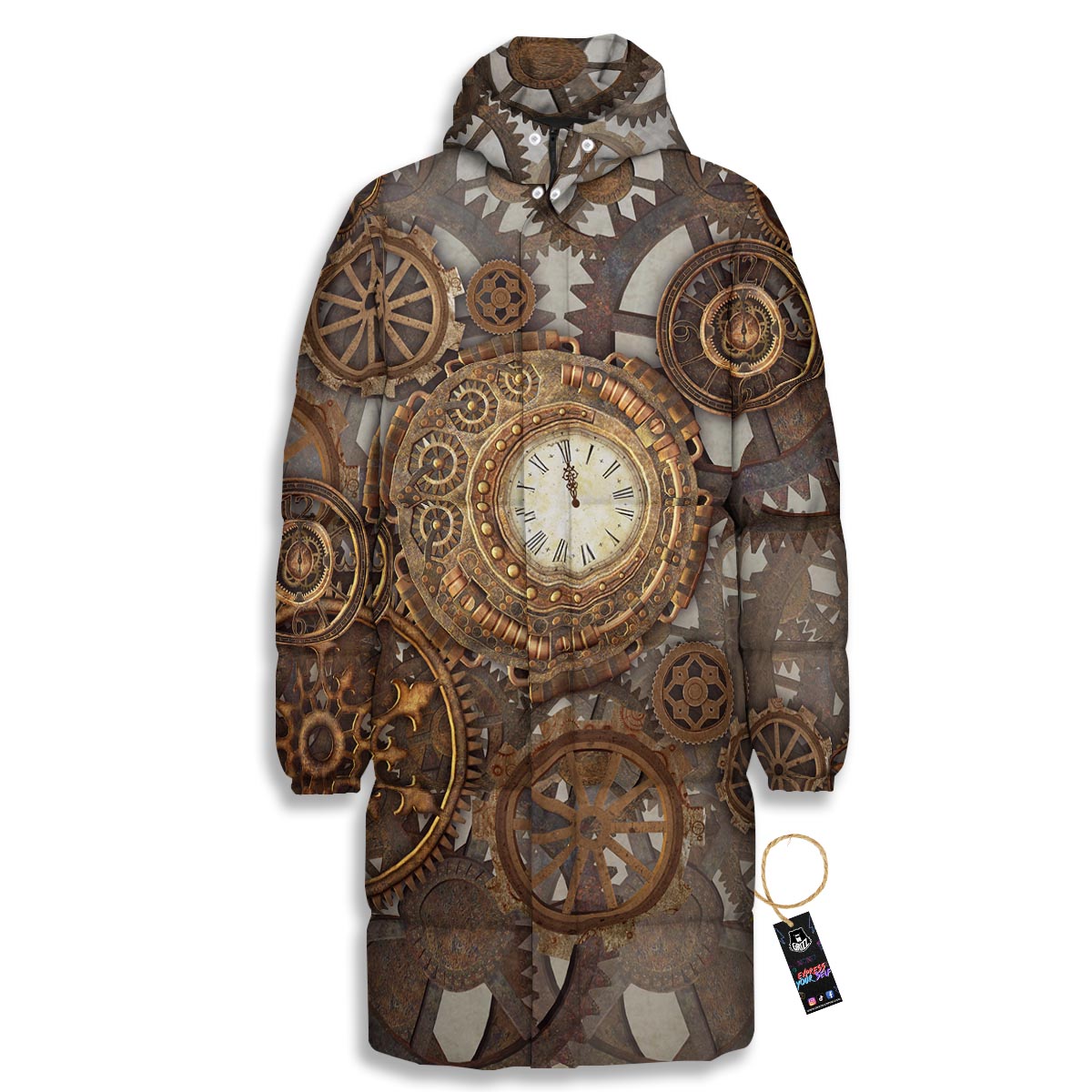 Steampunk Gears Clock Print Long Down Jacket-grizzshop