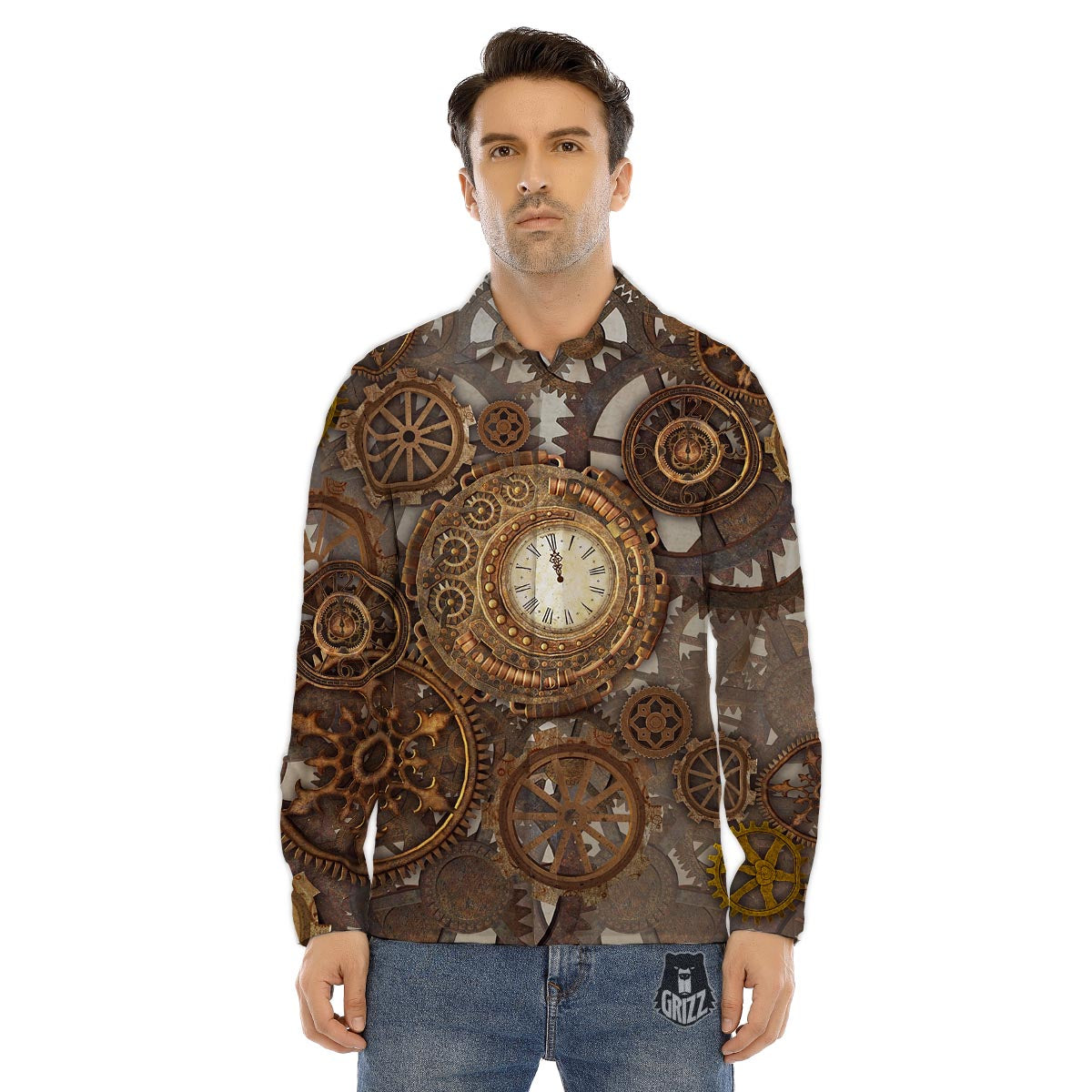 Steampunk Gears Clock Print Men's Dress Shirts-grizzshop