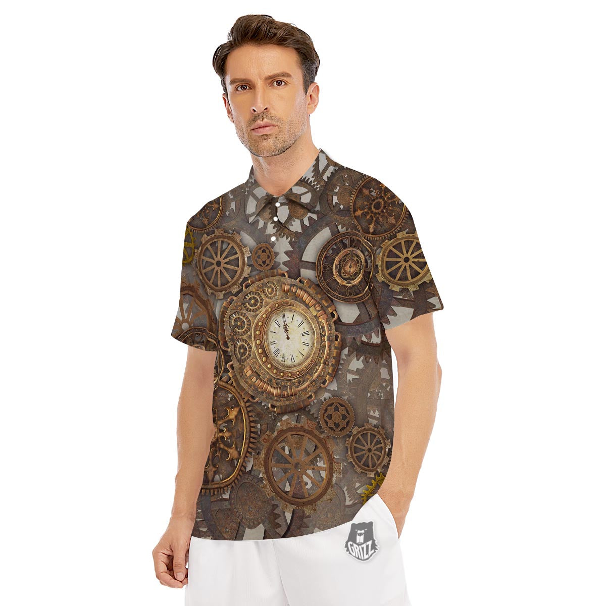 Steampunk Gears Clock Print Men's Golf Shirts-grizzshop