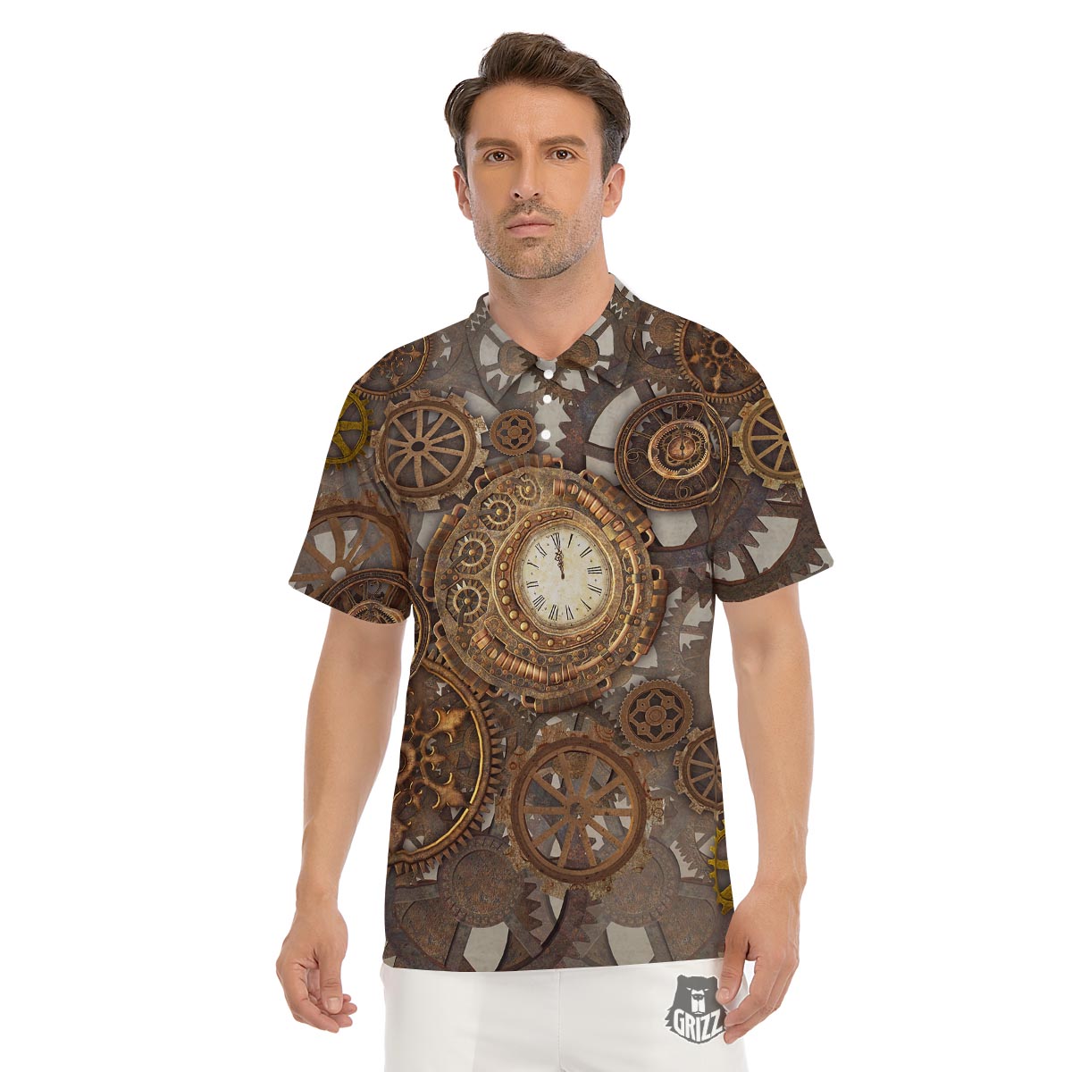 Steampunk Gears Clock Print Men's Golf Shirts-grizzshop