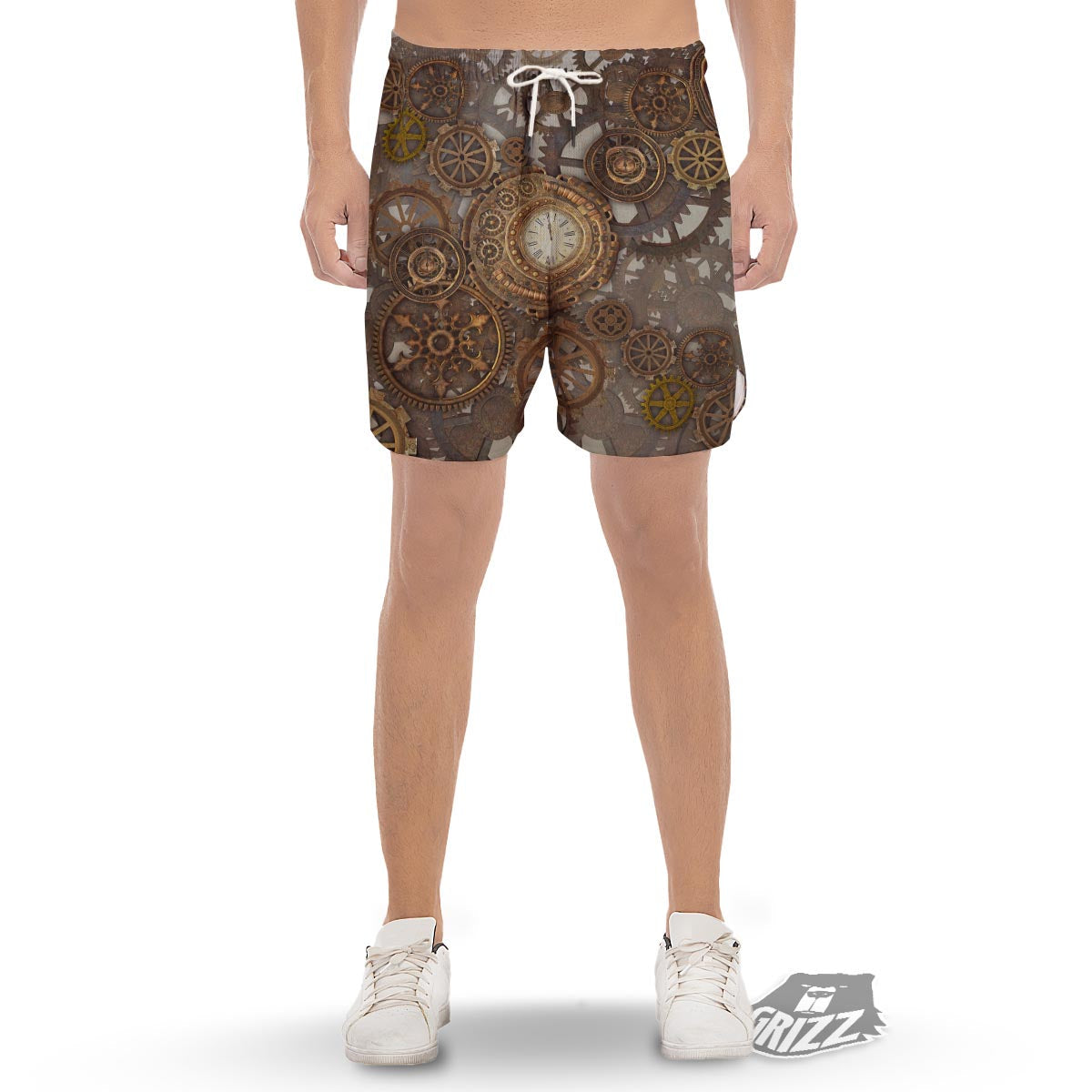 Steampunk Gears Clock Print Men's Gym Shorts-grizzshop