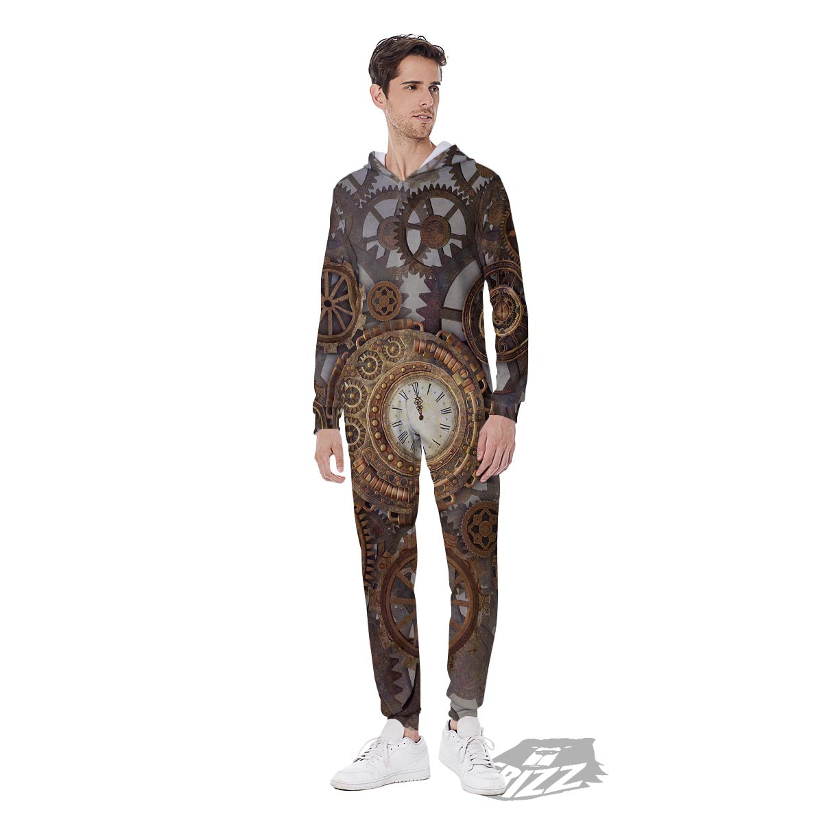 Steampunk Gears Clock Print Men's Jumpsuit-grizzshop