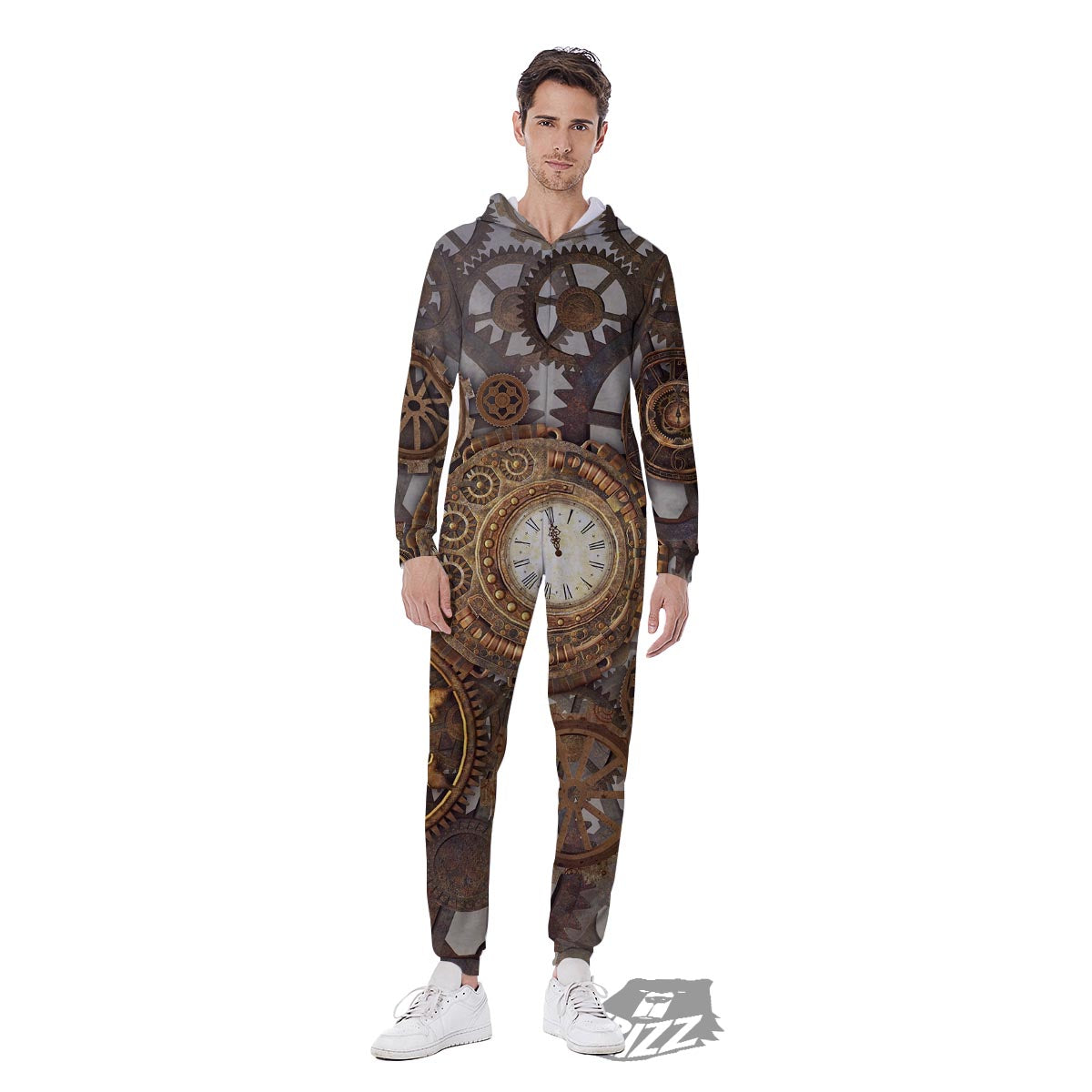Steampunk Gears Clock Print Men's Jumpsuit-grizzshop