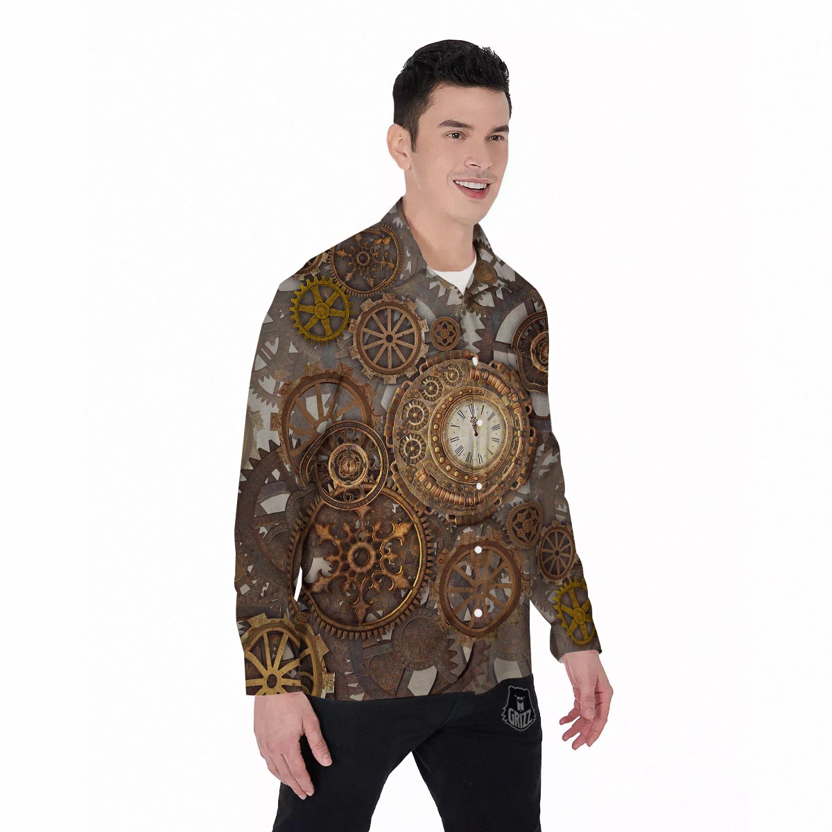 Steampunk Gears Clock Print Men's Long Sleeve Shirts-grizzshop