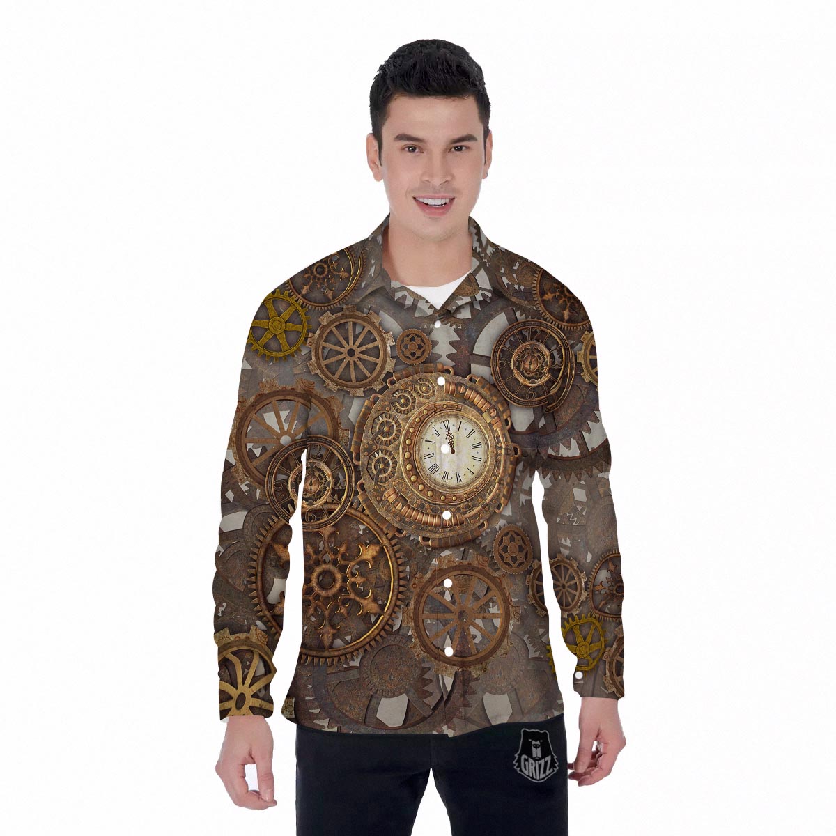 Steampunk Gears Clock Print Men's Long Sleeve Shirts-grizzshop