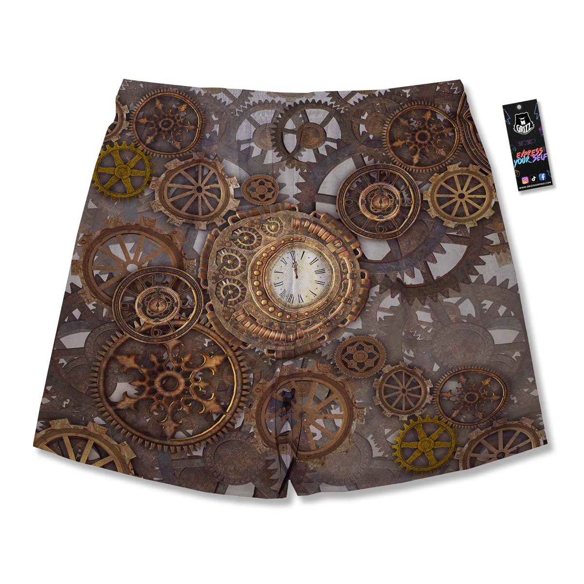 Steampunk Gears Clock Print Men's Running Shorts-grizzshop