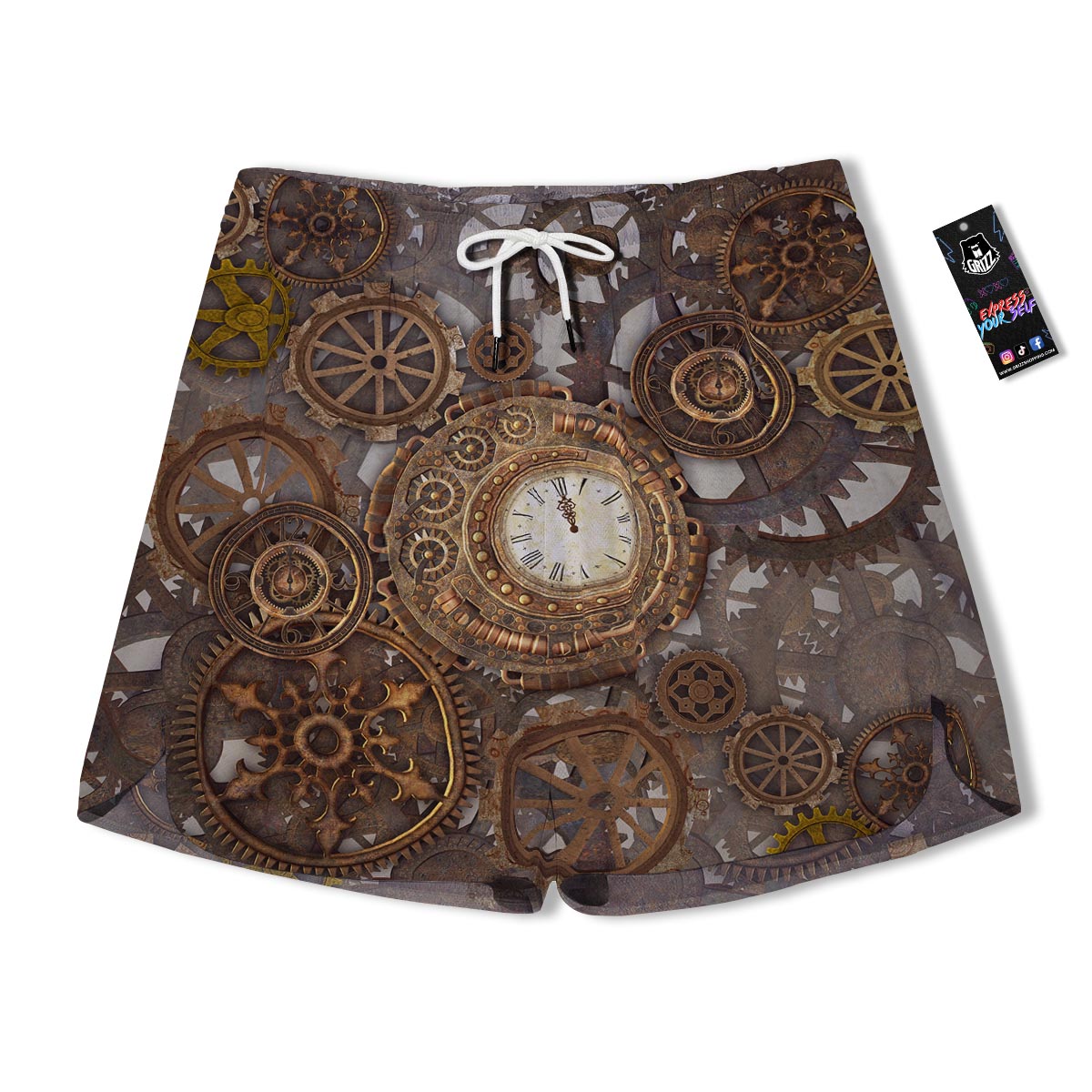 Steampunk Gears Clock Print Men's Running Shorts-grizzshop