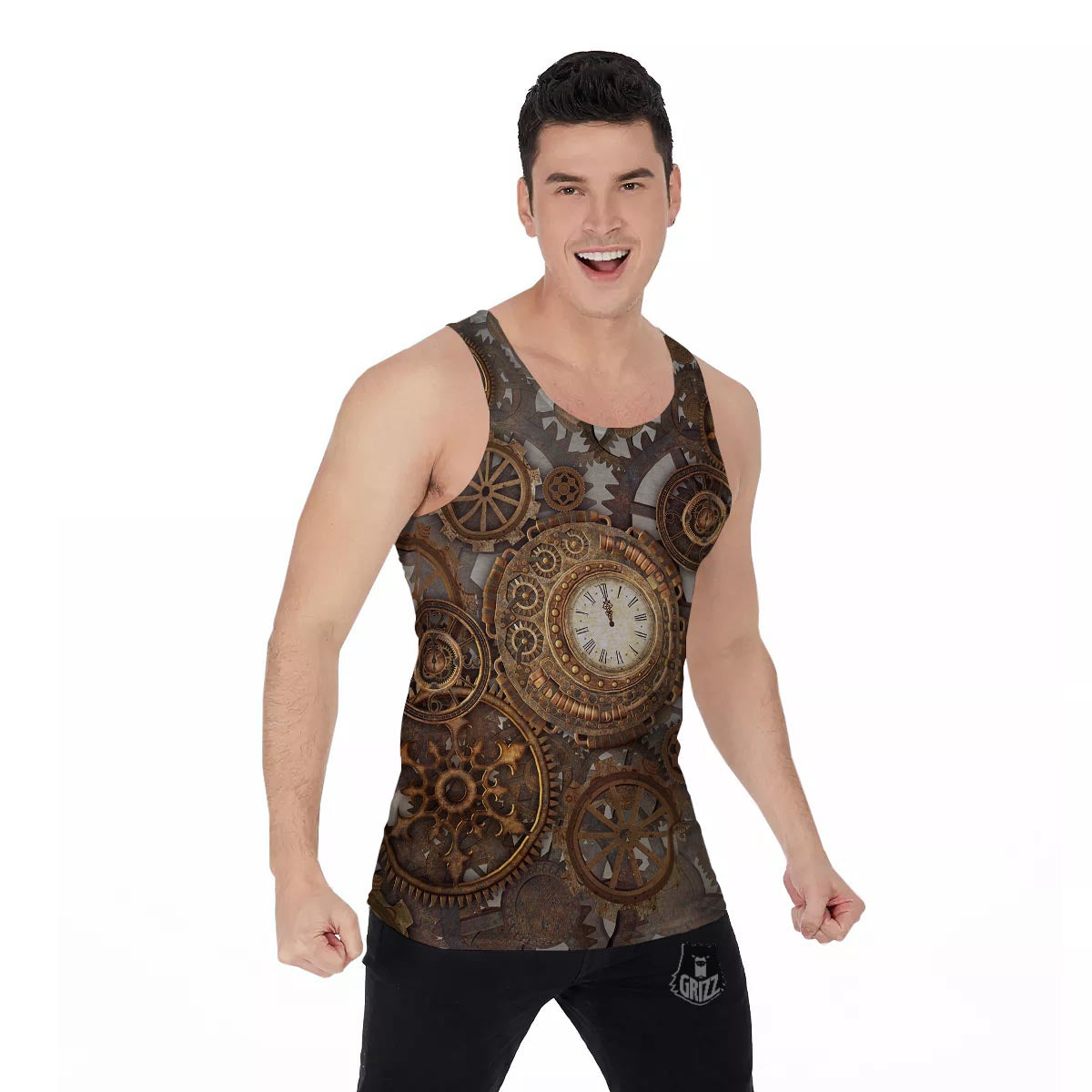 Steampunk Gears Clock Print Men's Tank Top-grizzshop