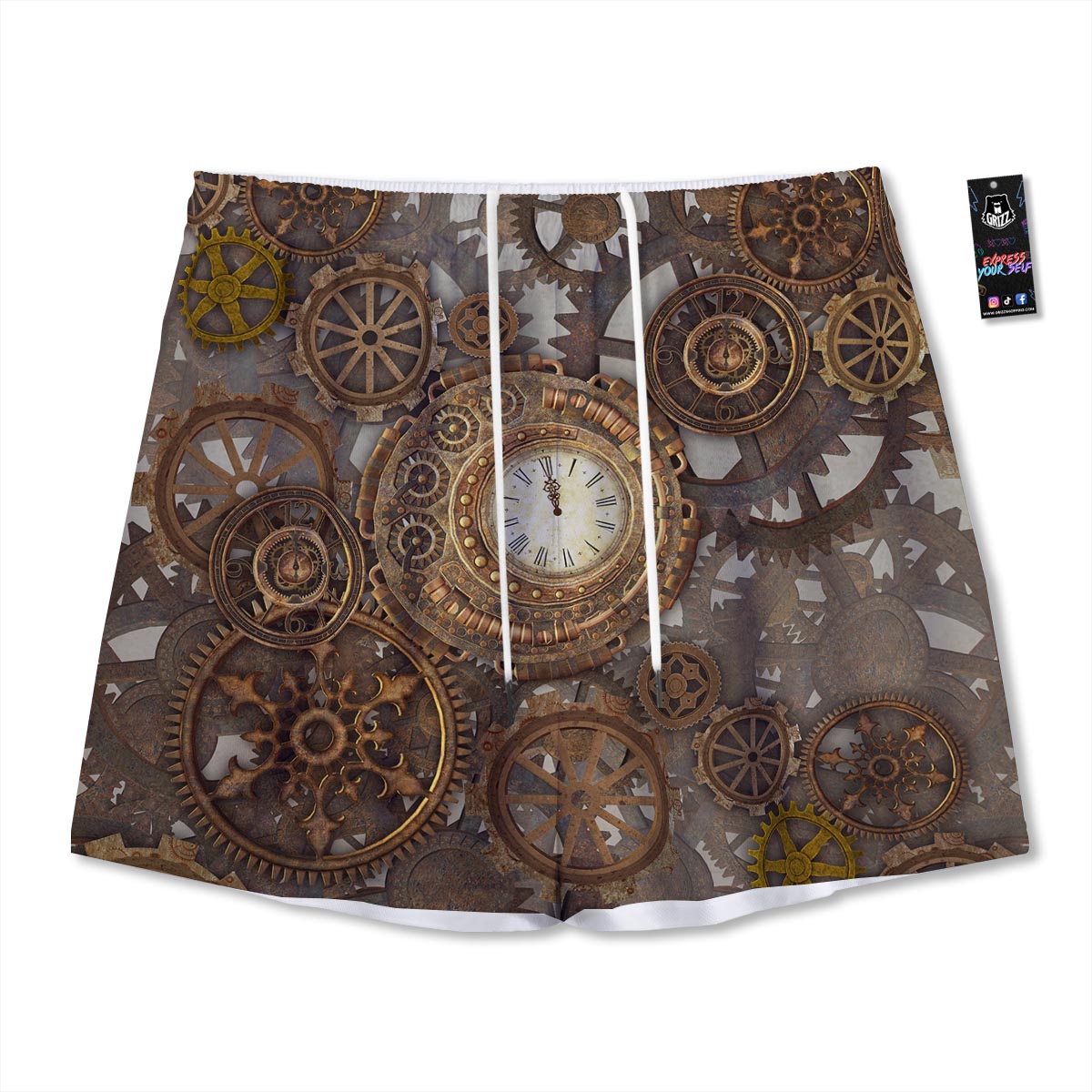 Steampunk Gears Clock Print Mesh Shorts