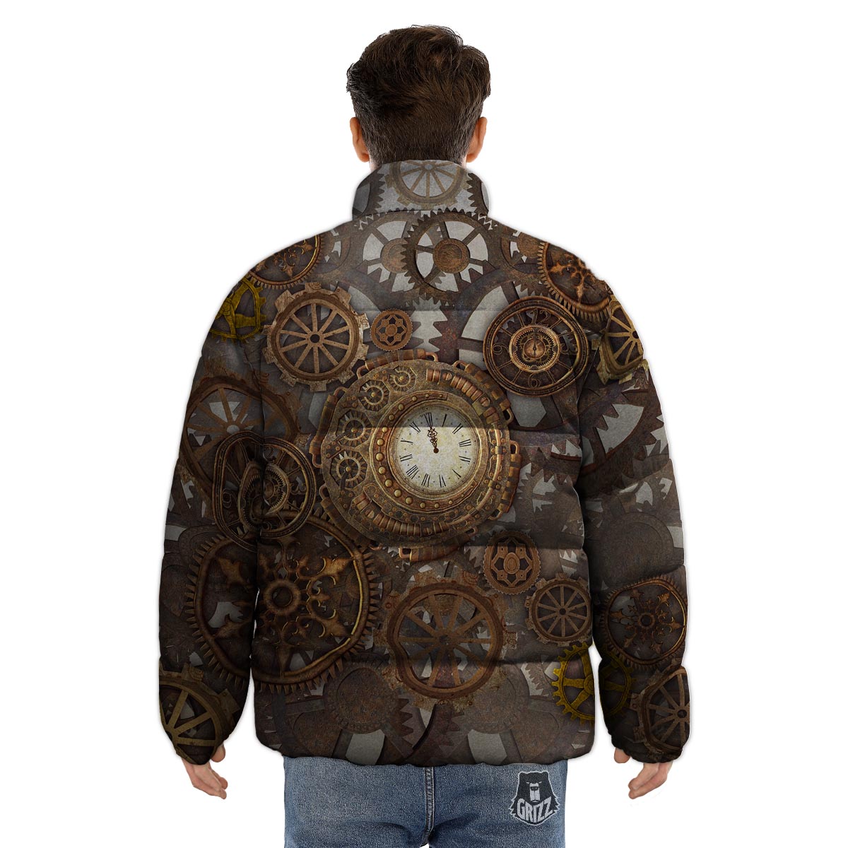 Steampunk Gears Clock Print Puffer Jacket-grizzshop