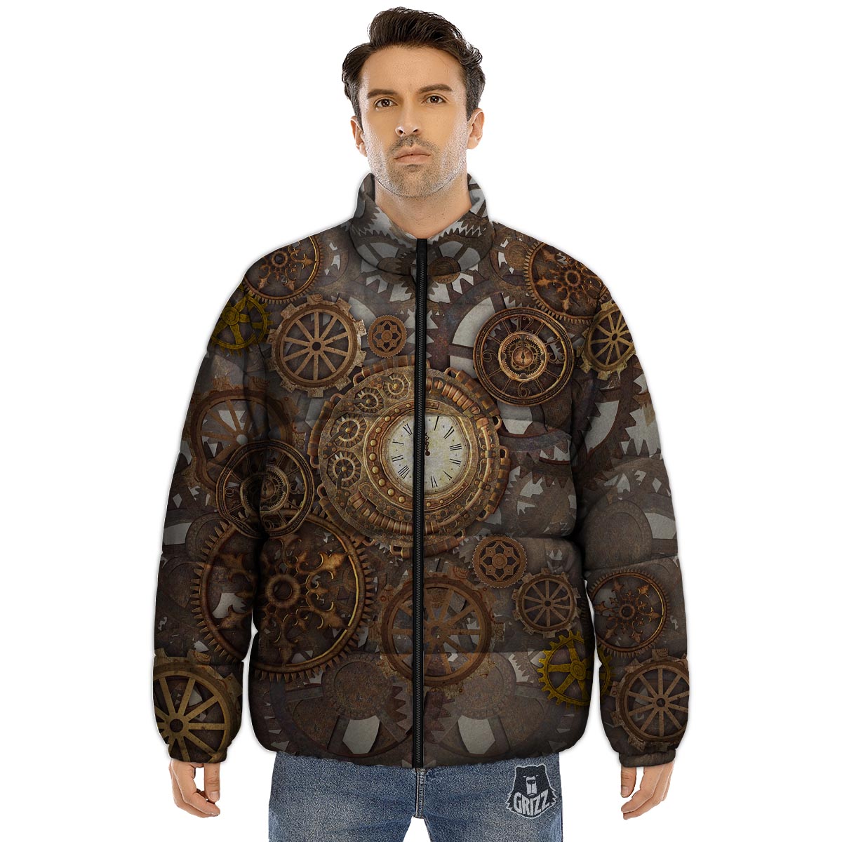 Steampunk Gears Clock Print Puffer Jacket-grizzshop