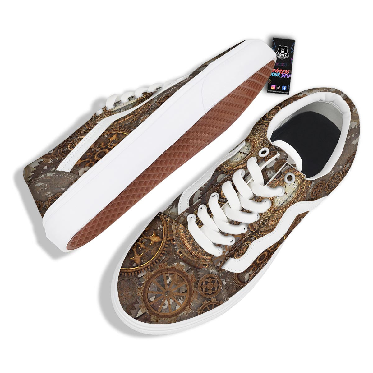 Steampunk Gears Clock Print Skate Shoes-grizzshop