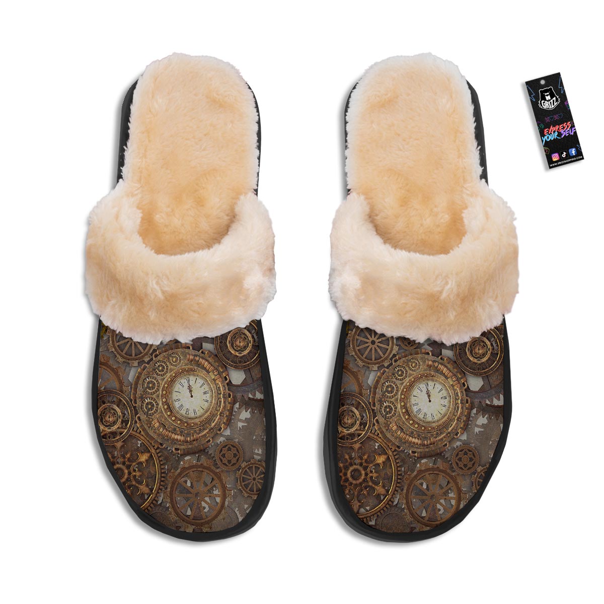 Steampunk Gears Clock Print Slippers-grizzshop