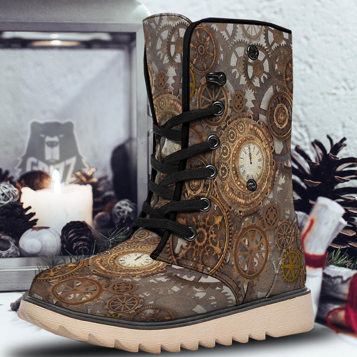 Steampunk Gears Clock Print Snow Boots-grizzshop
