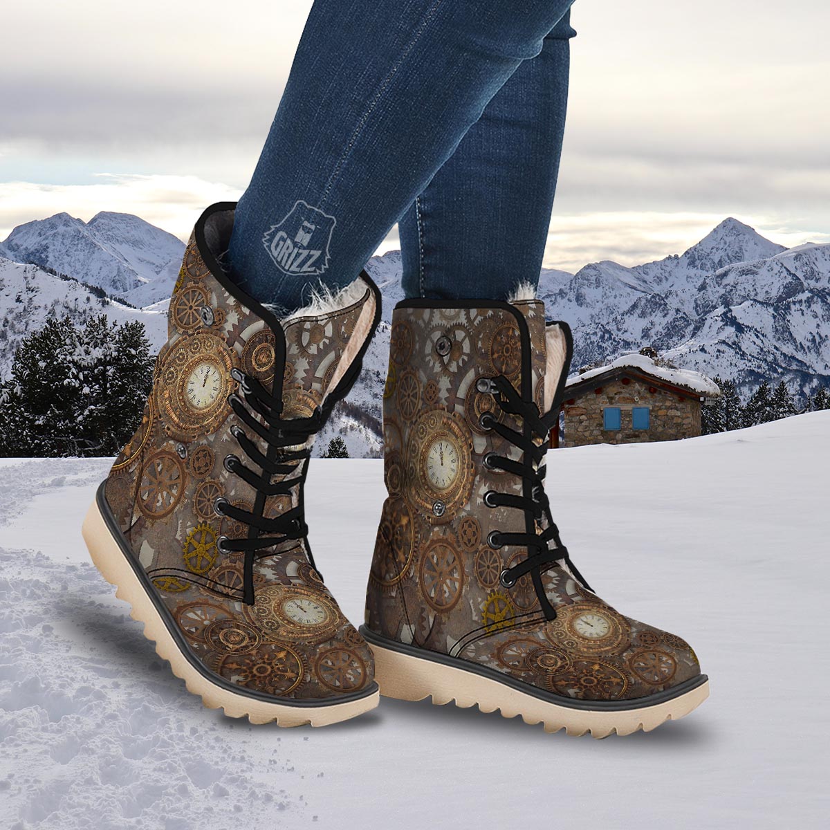 Steampunk Gears Clock Print Snow Boots-grizzshop
