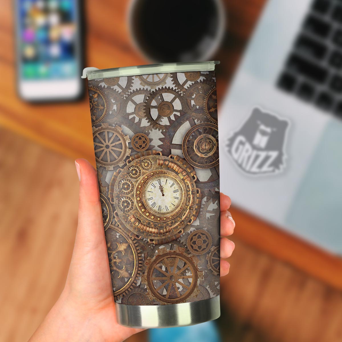 Steampunk Gears Clock Print Tumbler-grizzshop