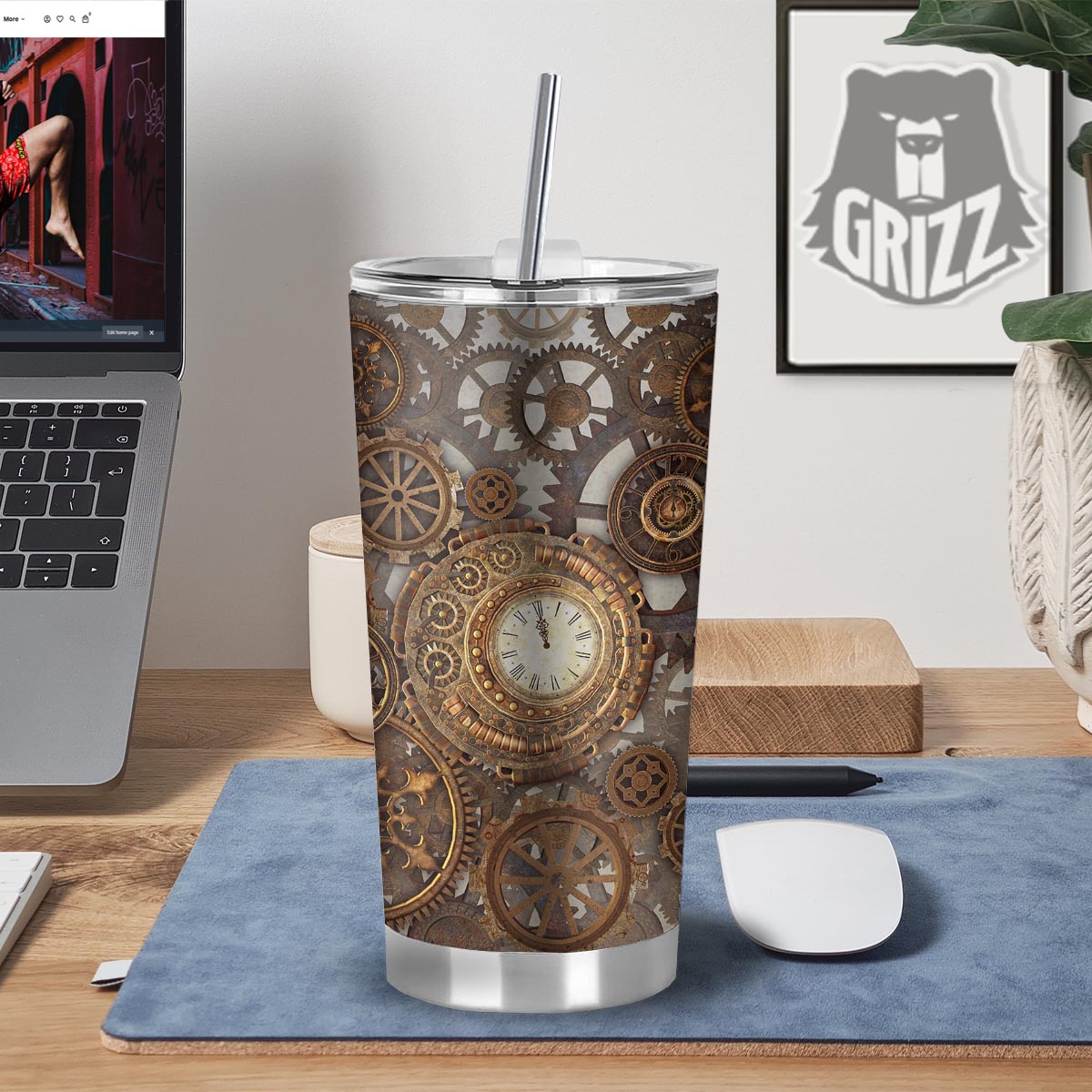 Steampunk Gears Clock Print Tumbler-grizzshop