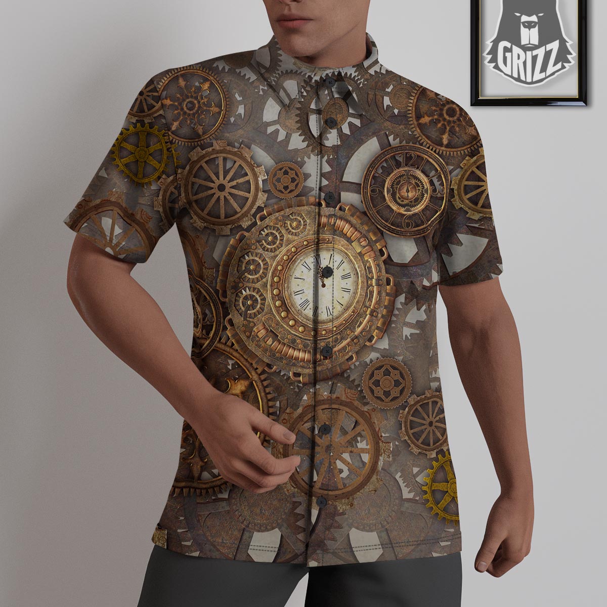 Steampunk Gears Clock Print Untucked Shirts-grizzshop