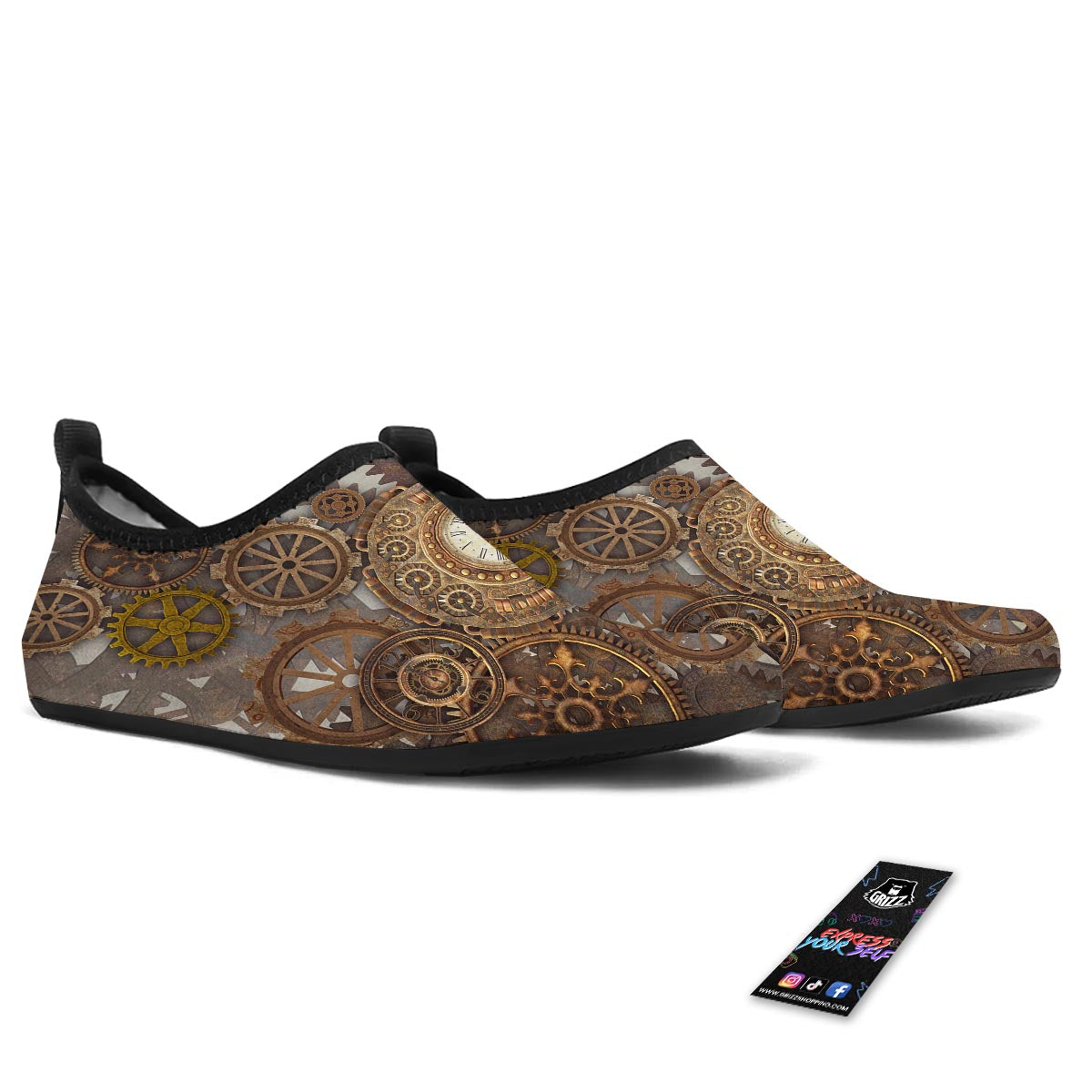 Steampunk Gears Clock Print Water Shoes-grizzshop