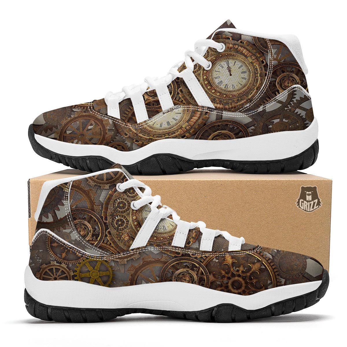 Steampunk Gears Clock Print White Bball Shoes-grizzshop