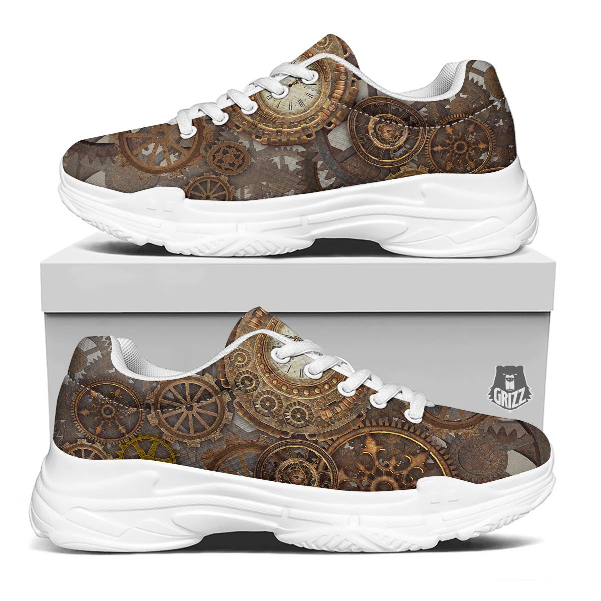 Steampunk Gears Clock Print White Chunky Shoes-grizzshop