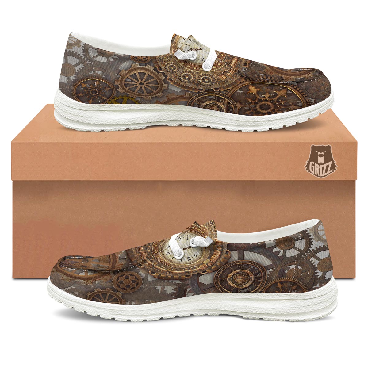 Steampunk Gears Clock Print White Loafers-grizzshop