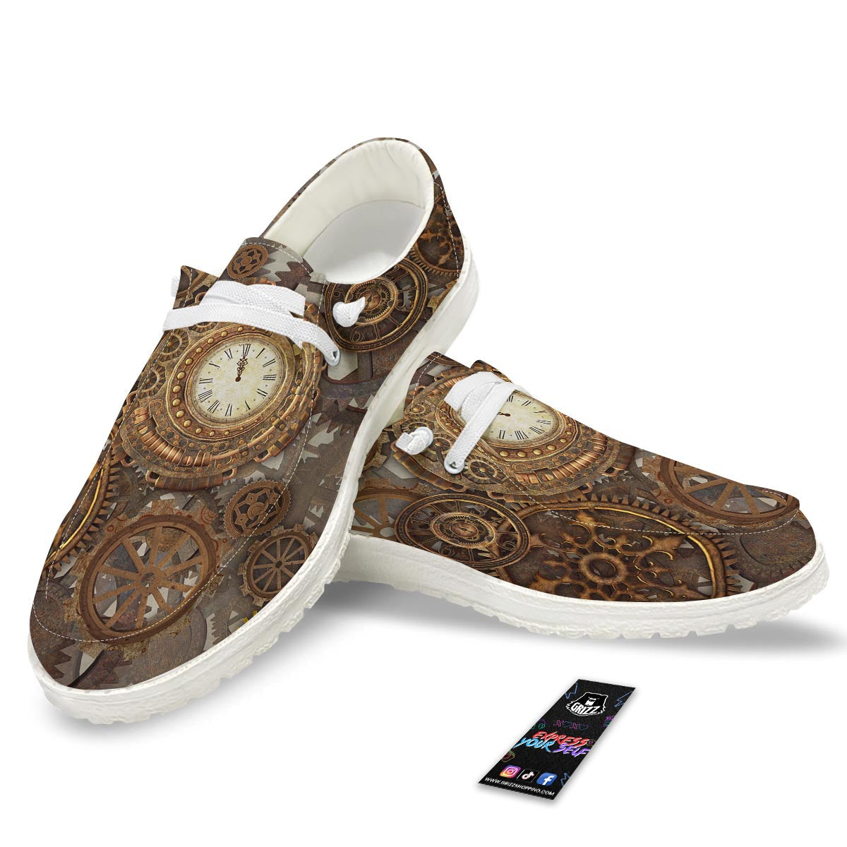 Steampunk Gears Clock Print White Loafers-grizzshop