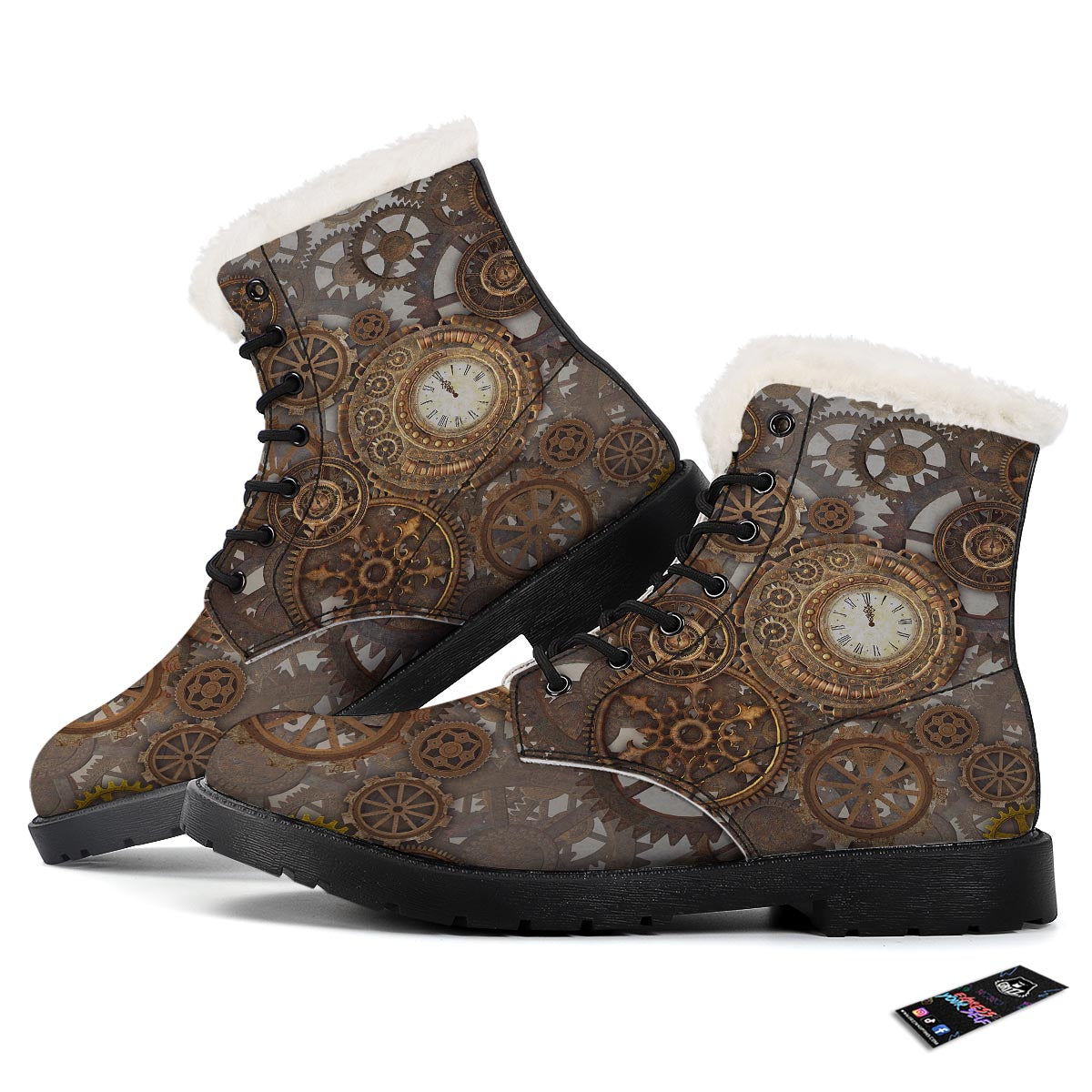 Steampunk Gears Clock Print Winter Boots-grizzshop