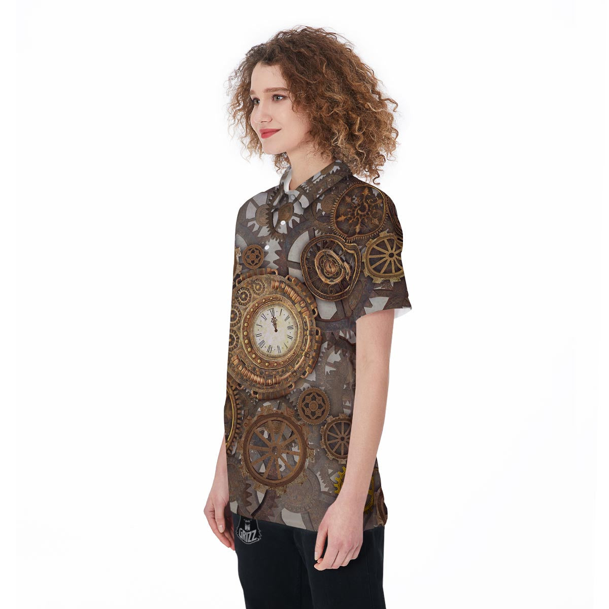 Steampunk Gears Clock Print Women's Golf Shirts-grizzshop