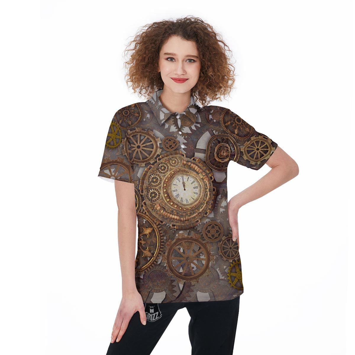 Steampunk Gears Clock Print Women's Golf Shirts-grizzshop
