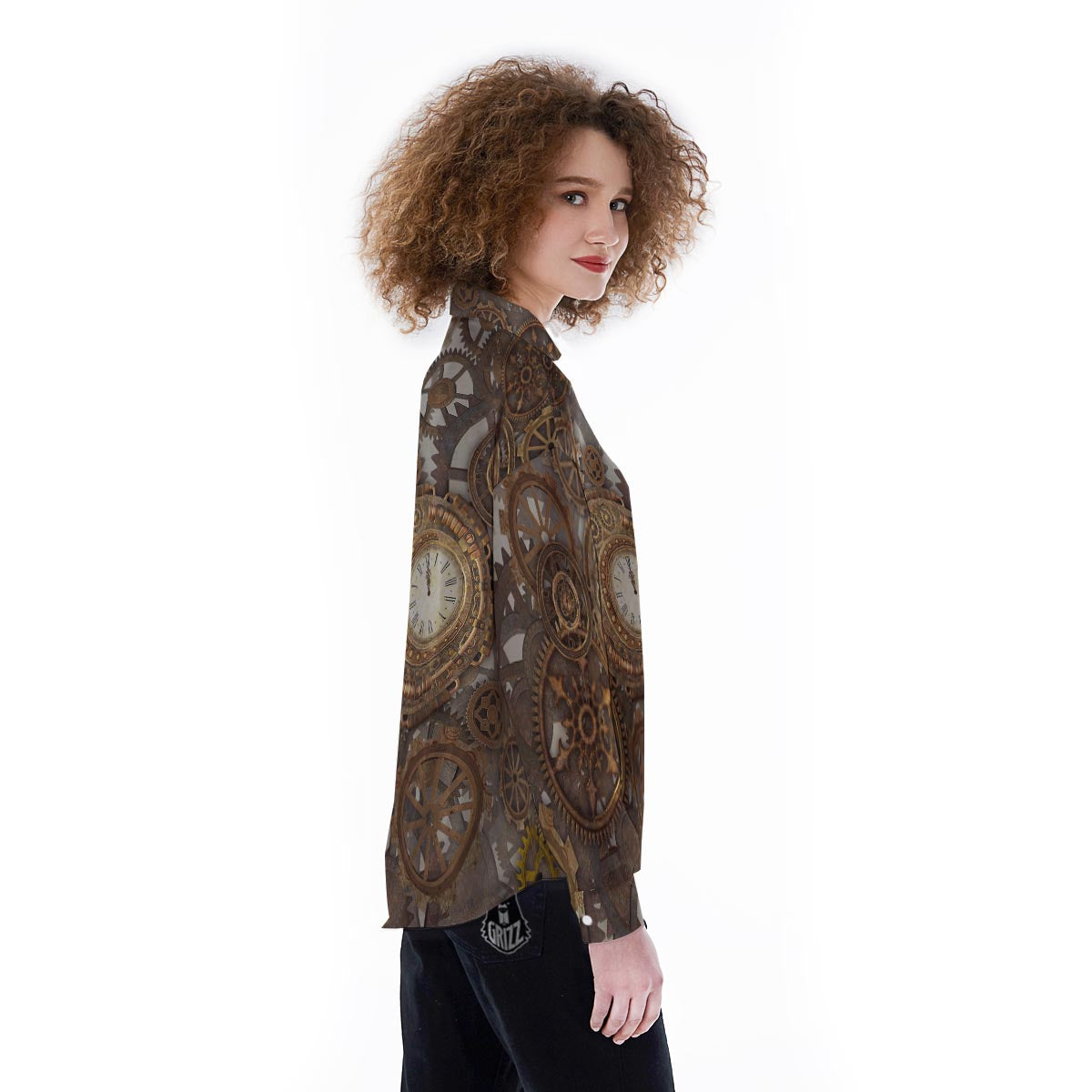 Steampunk Gears Clock Print Women's Long Sleeve Shirts-grizzshop