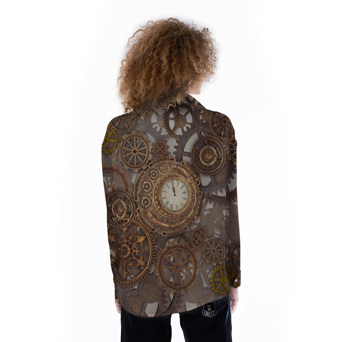 Steampunk Gears Clock Print Women's Long Sleeve Shirts-grizzshop