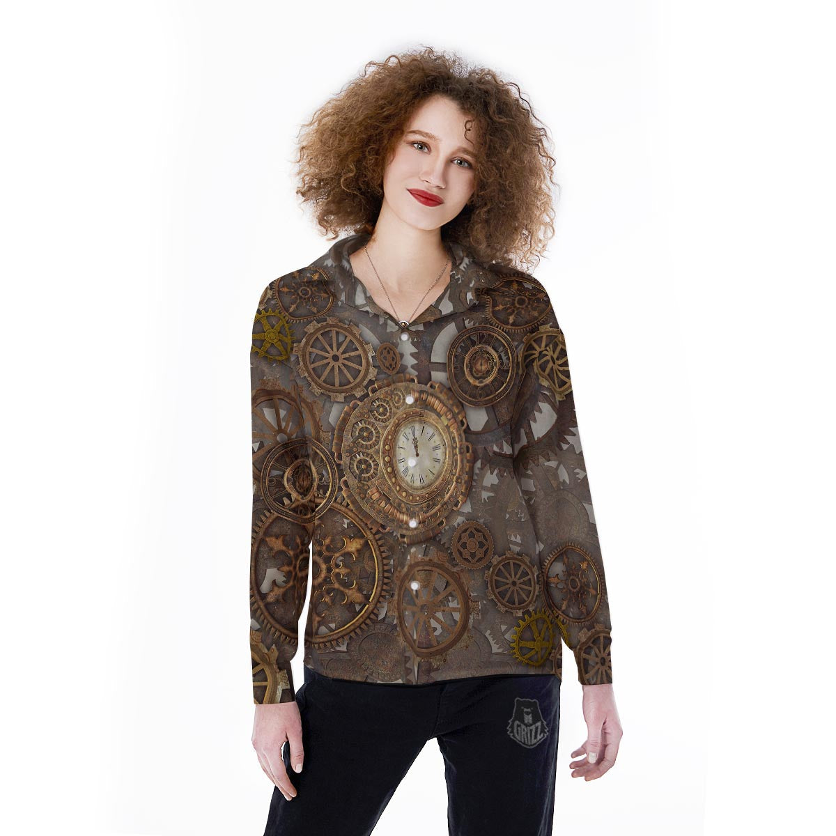 Steampunk Gears Clock Print Women's Long Sleeve Shirts-grizzshop