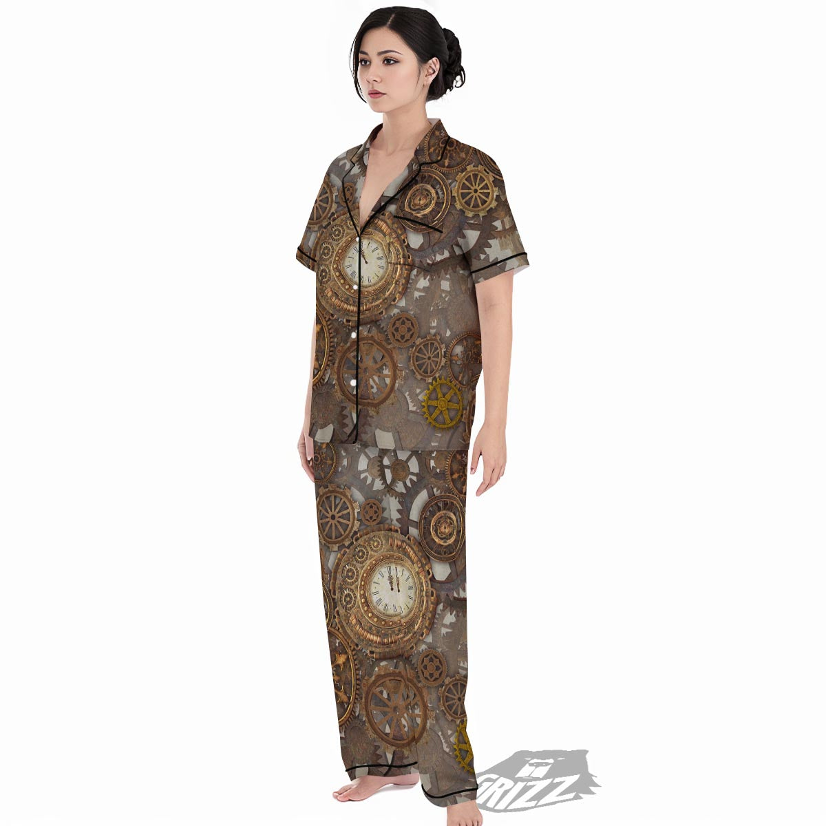 Steampunk Gears Clock Print Women's Pajamas Set-grizzshop