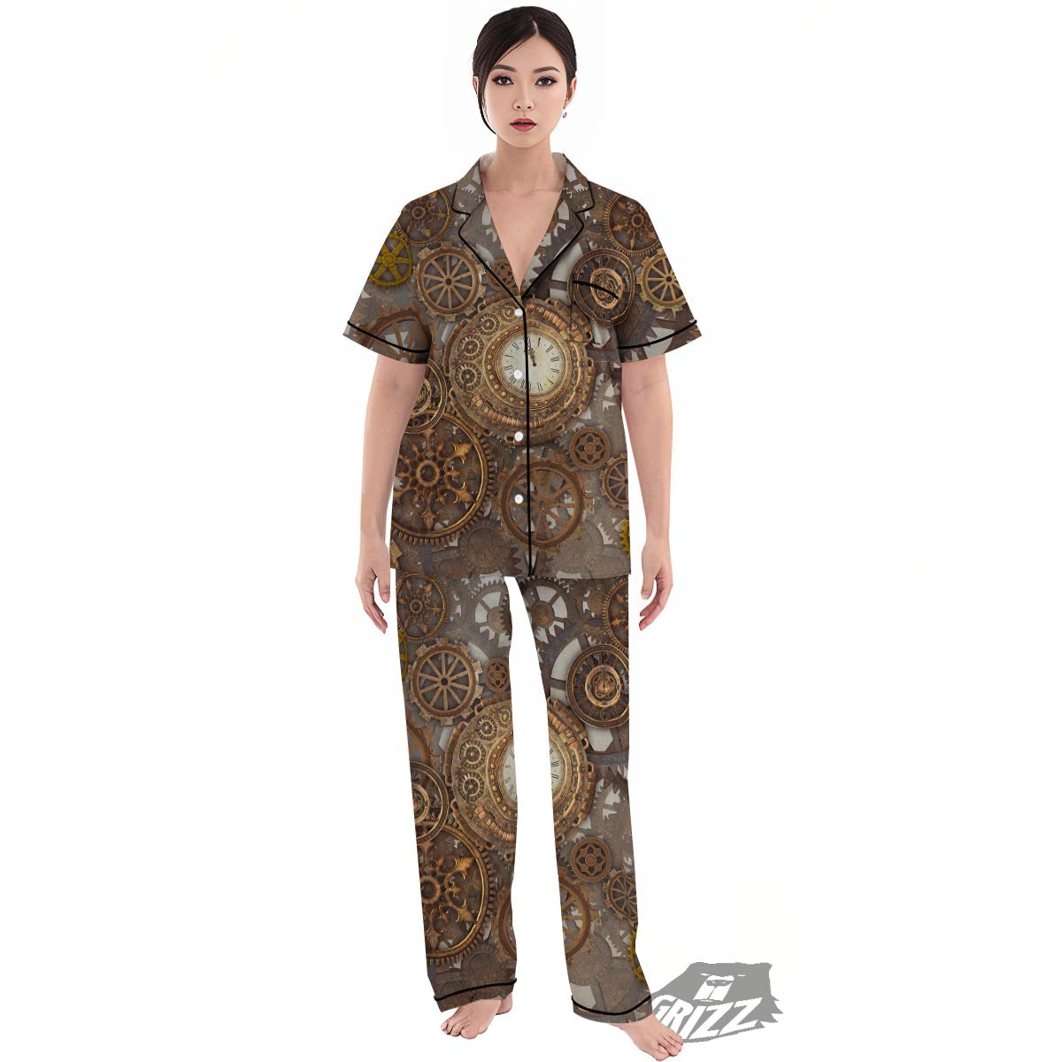 Steampunk Gears Clock Print Women's Pajamas Set-grizzshop