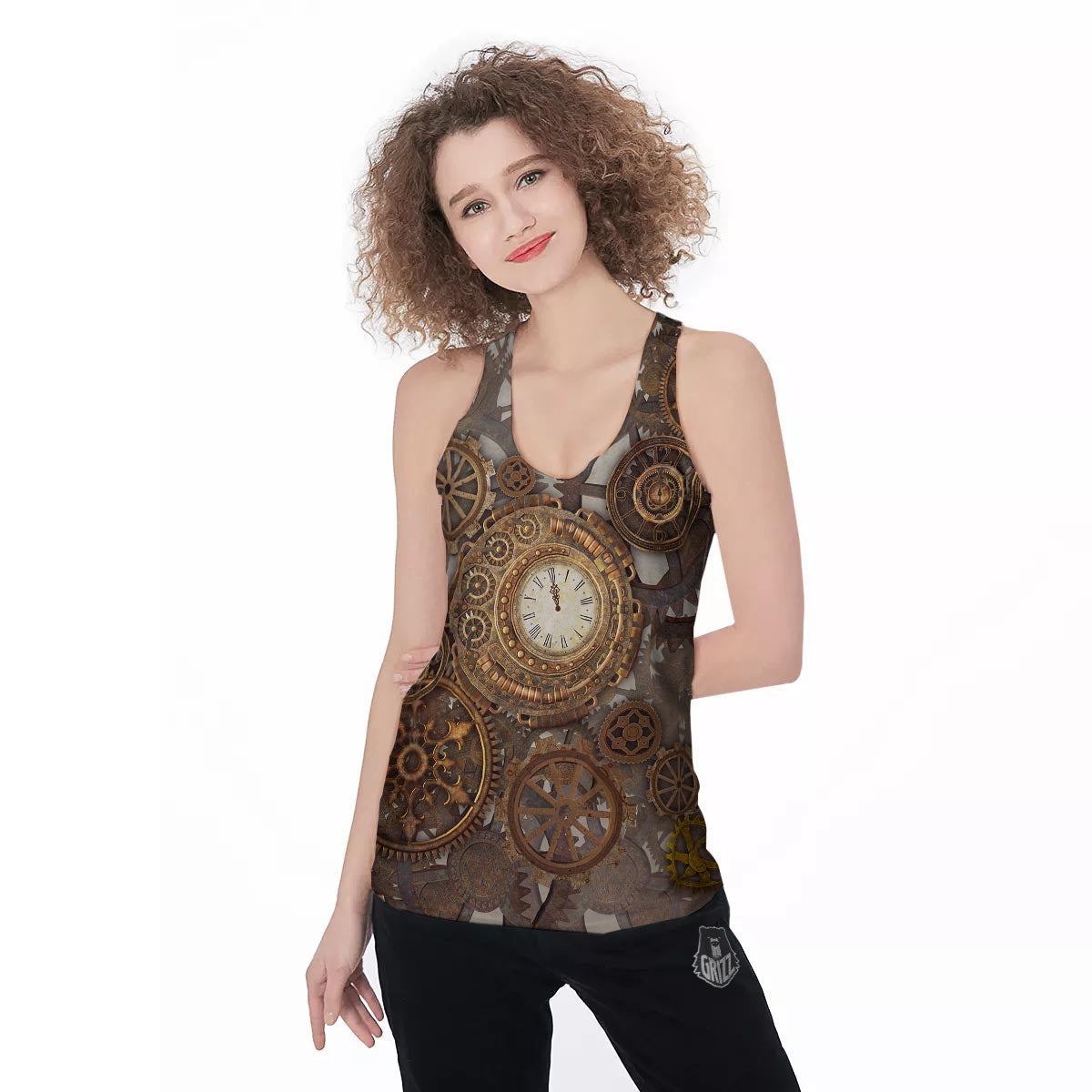 Steampunk Gears Clock Print Women's Racerback Tank Top-grizzshop