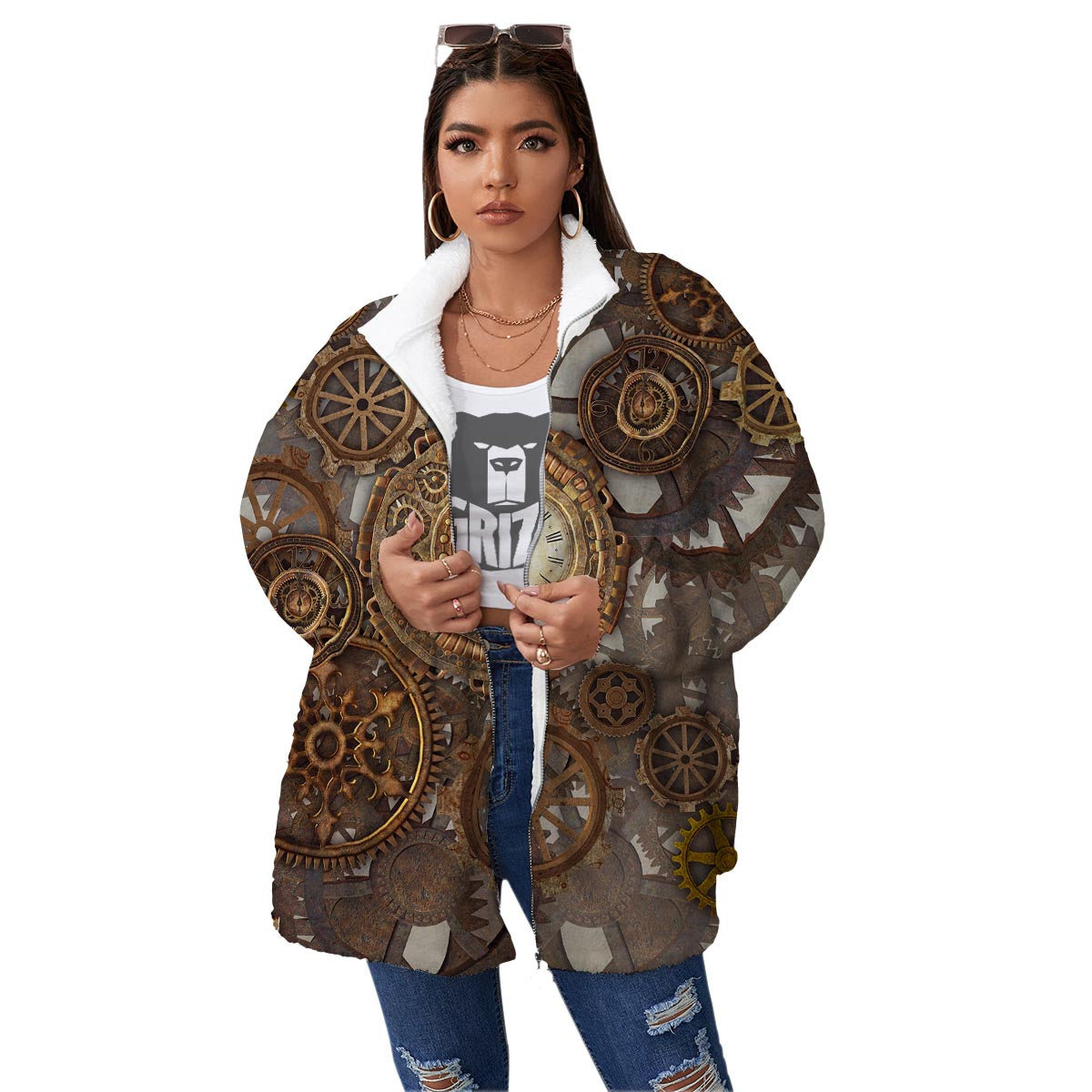 Steampunk Gears Clock Print Women's Sherpa Jacket-grizzshop
