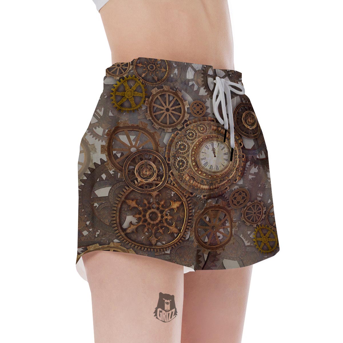 Steampunk Gears Clock Print Women's Shorts-grizzshop