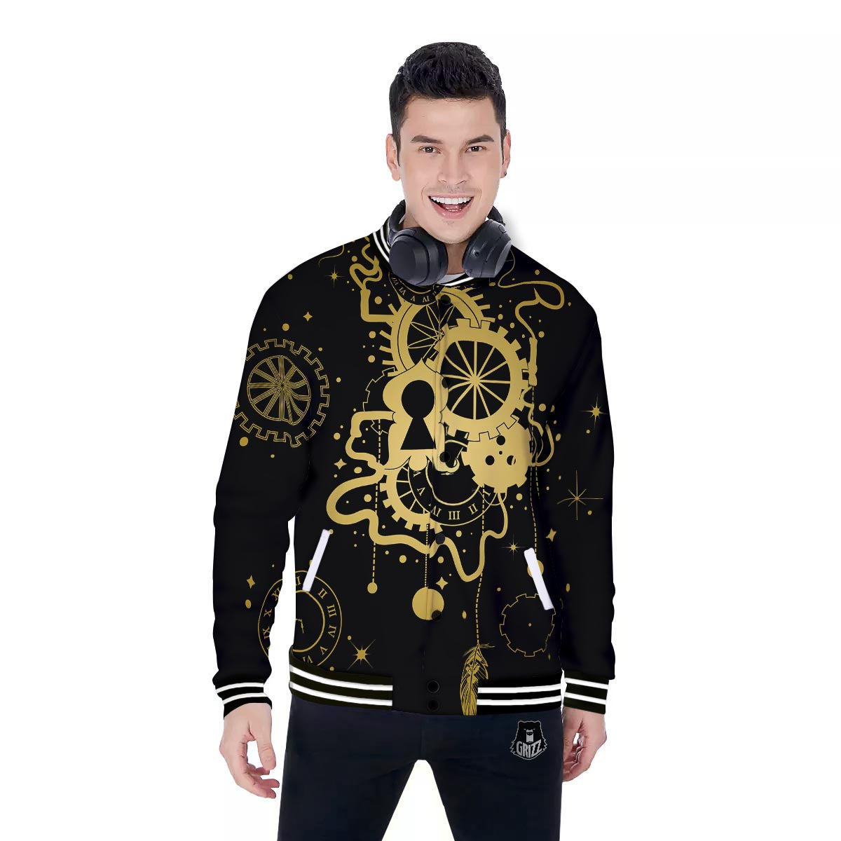 Steampunk Gears Metal Print Baseball Jacket-grizzshop