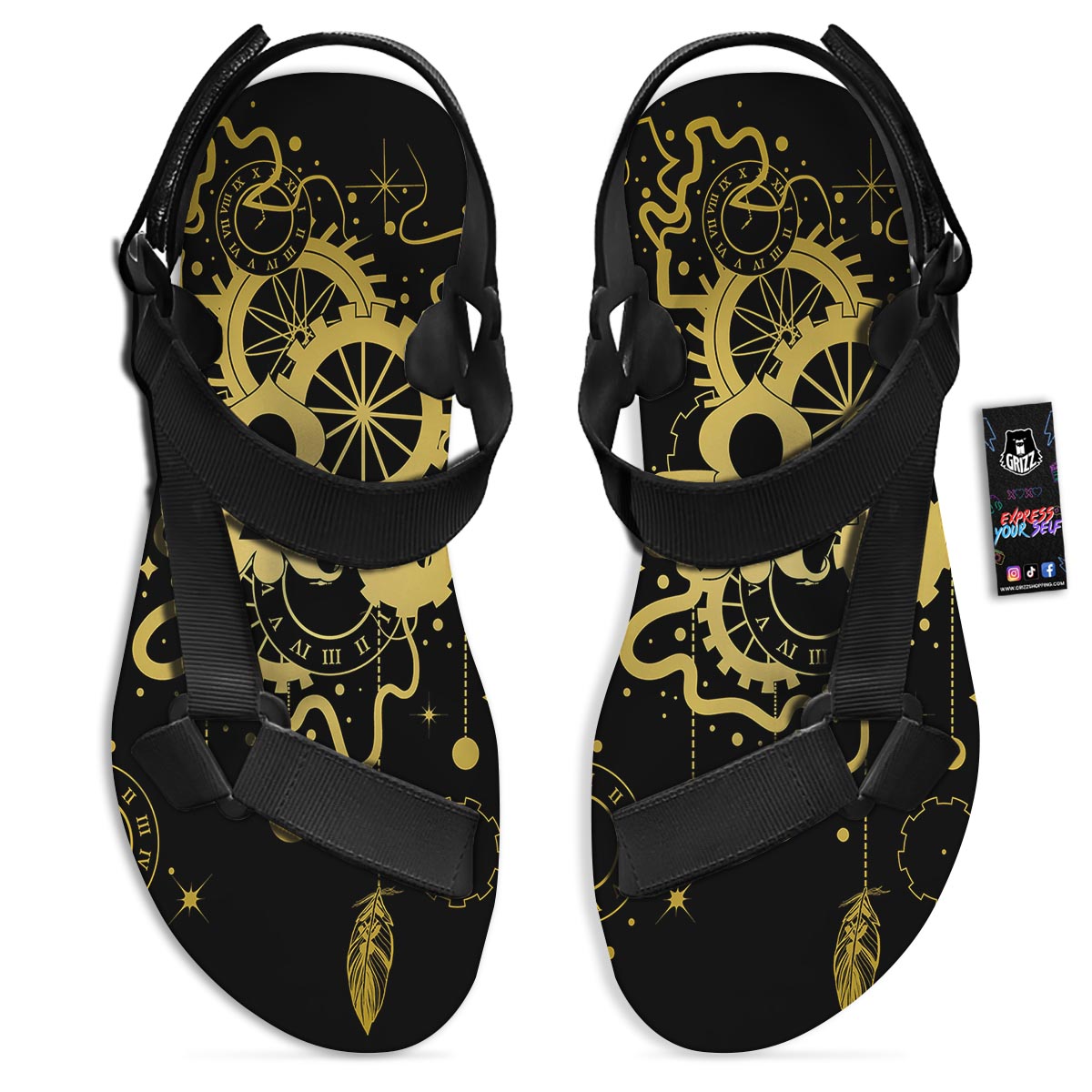 Steampunk Gears Metal Print Black Open Toe Sandals-grizzshop