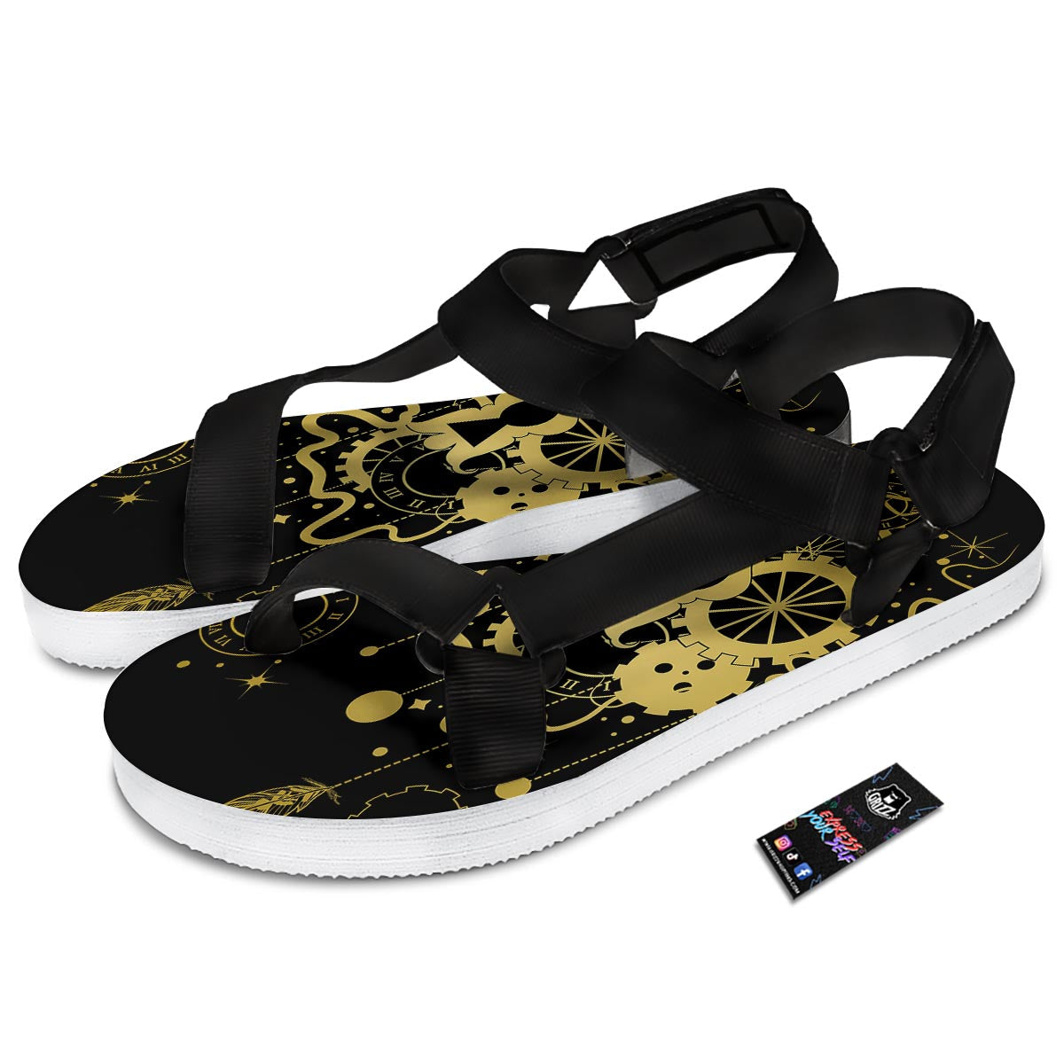 Steampunk Gears Metal Print Black Open Toe Sandals-grizzshop