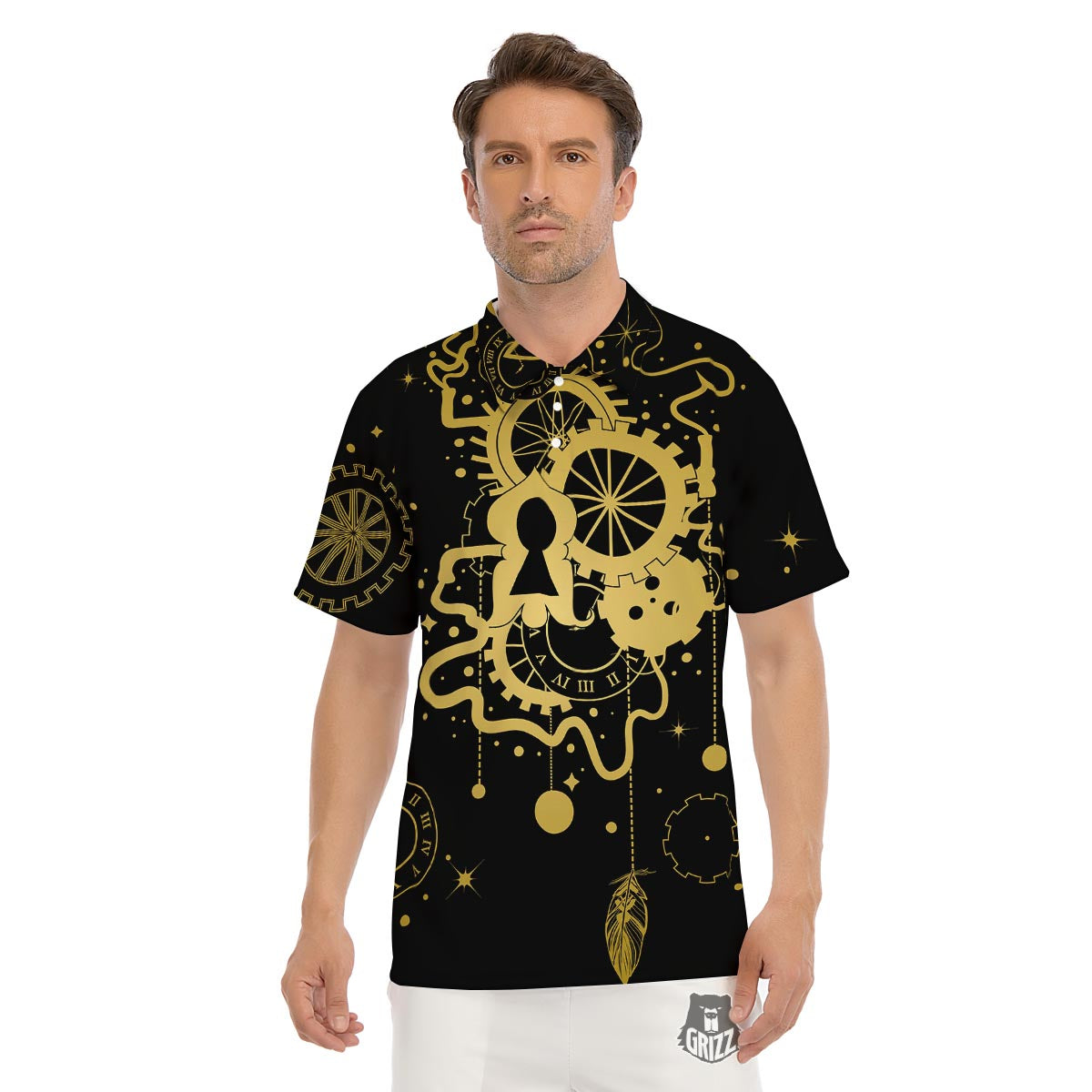 Steampunk Gears Metal Print Men's Golf Shirts-grizzshop