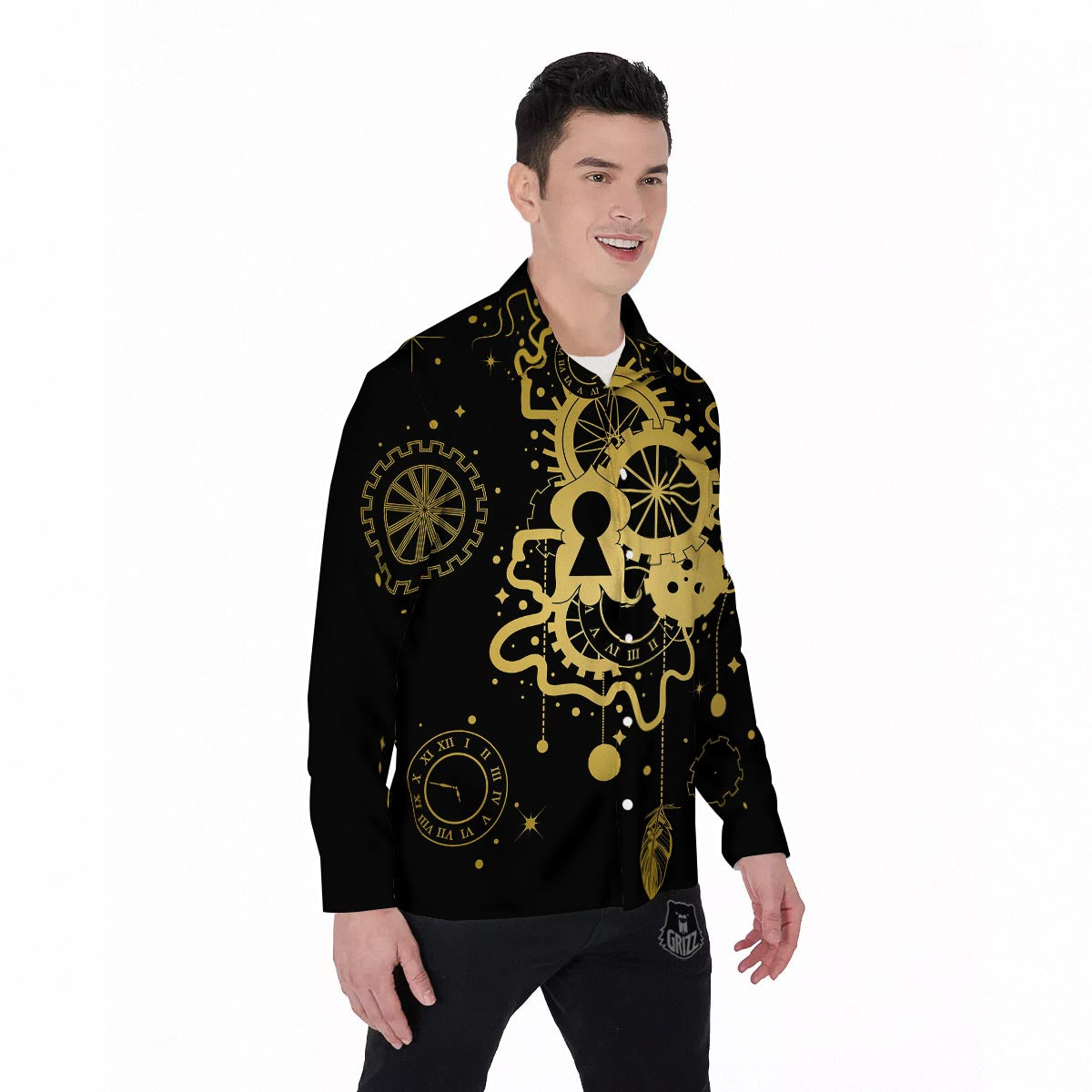 Steampunk Gears Metal Print Men's Long Sleeve Shirts-grizzshop