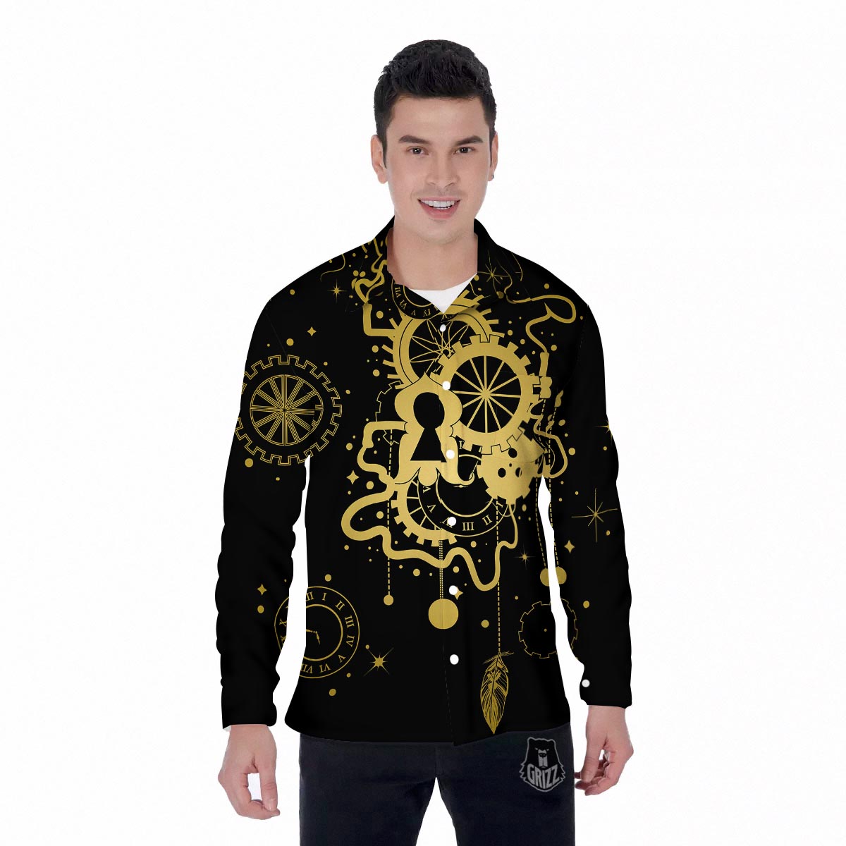Steampunk Gears Metal Print Men's Long Sleeve Shirts-grizzshop