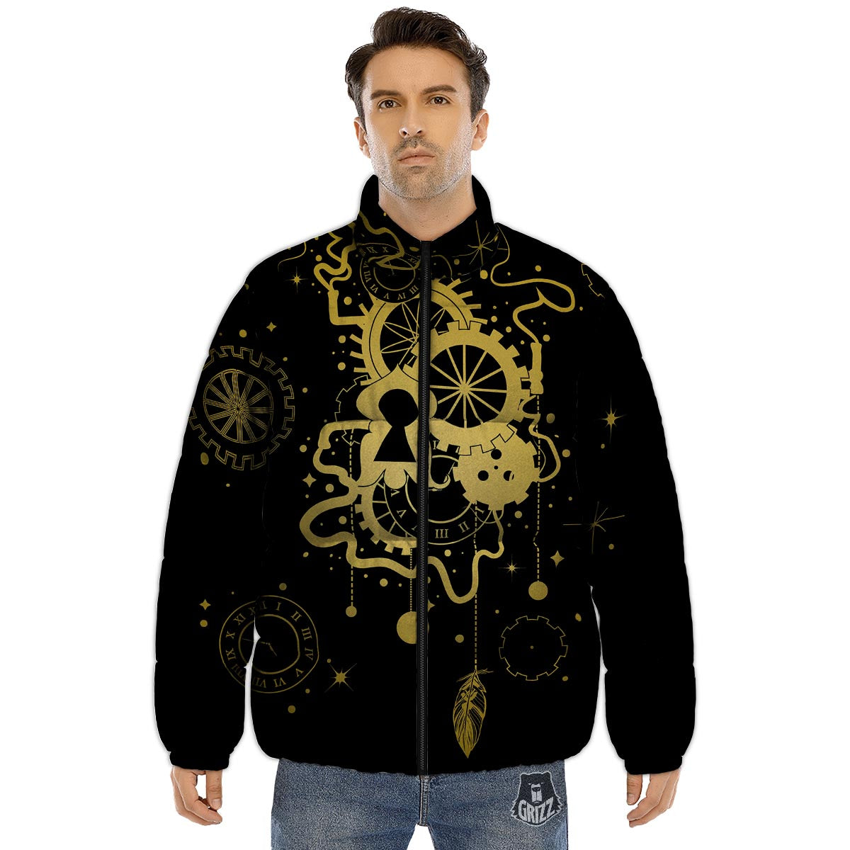 Steampunk Gears Metal Print Puffer Jacket-grizzshop