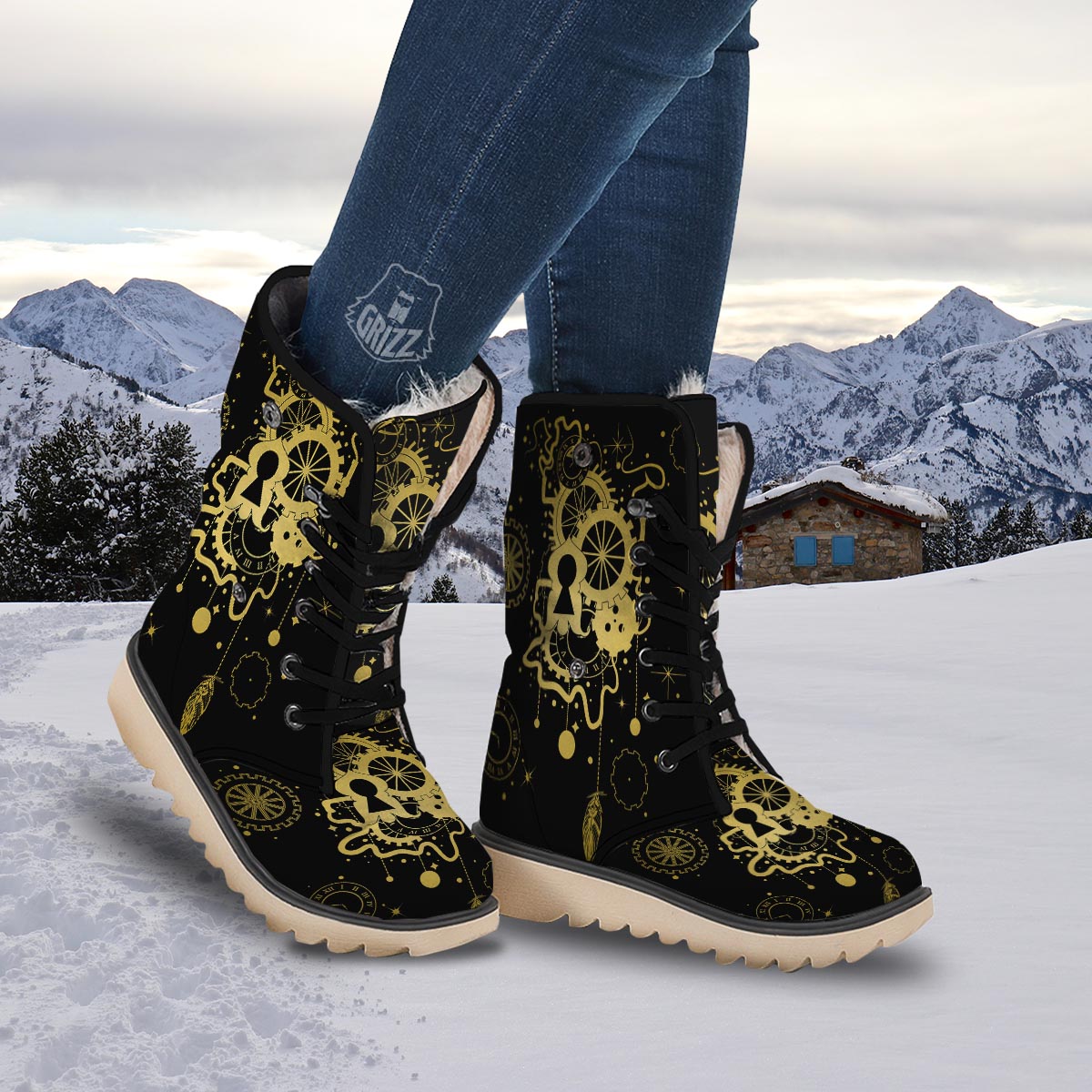 Steampunk Gears Metal Print Snow Boots-grizzshop
