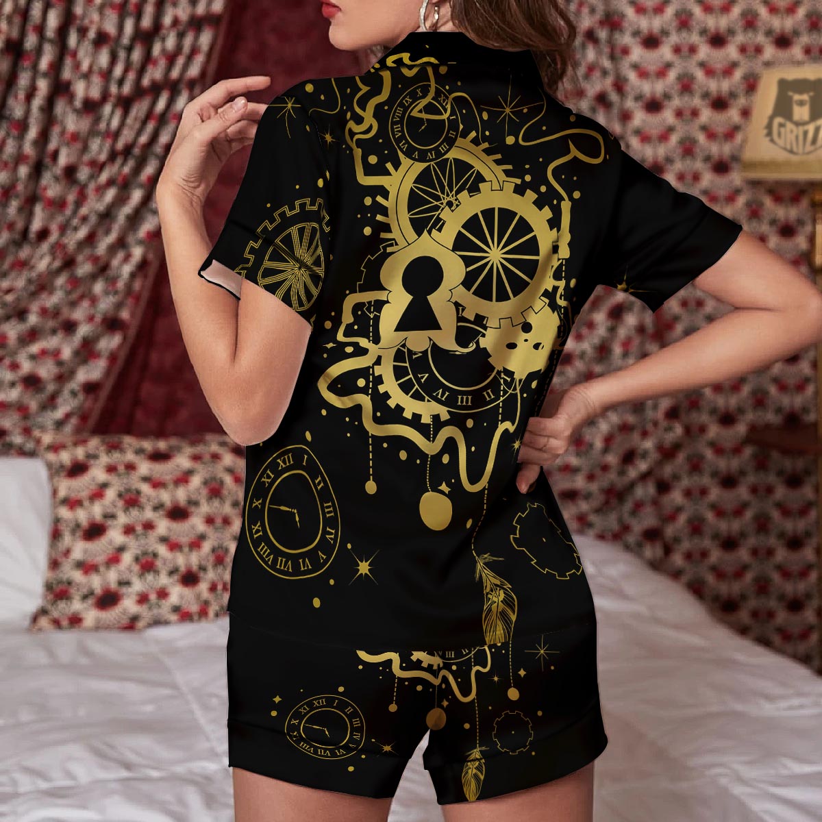Steampunk Gears Metal Print Women Silk Pajamas-grizzshop