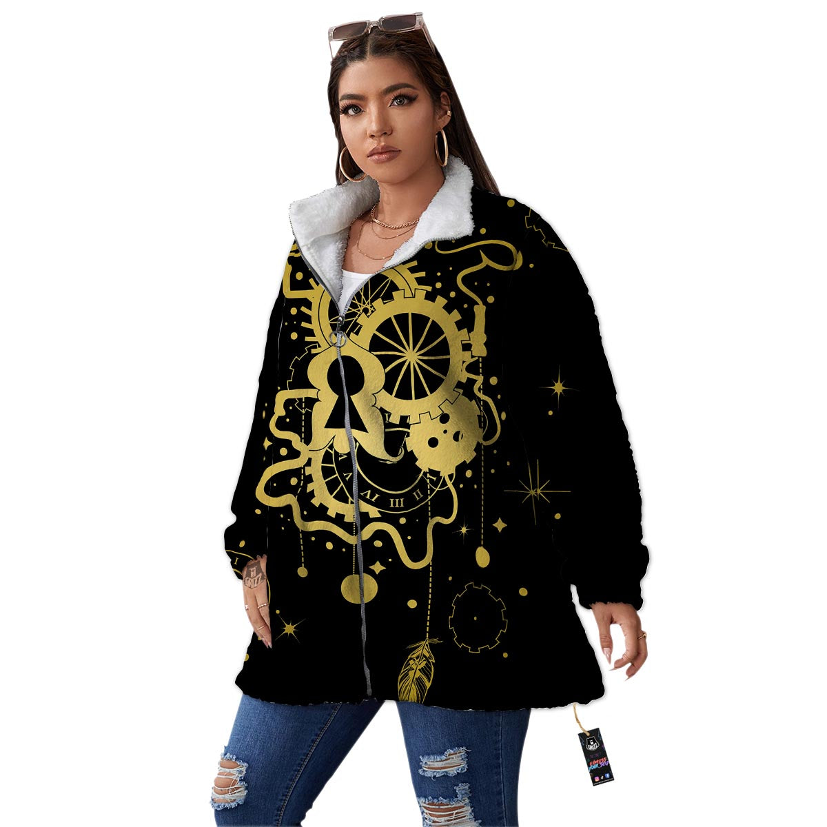 Steampunk Gears Metal Print Women's Sherpa Jacket-grizzshop