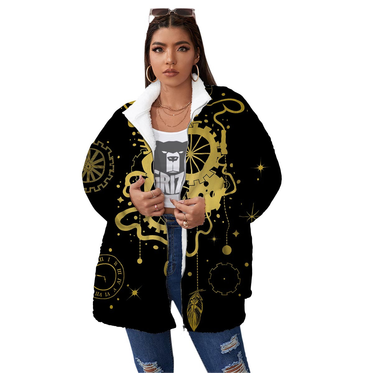Steampunk Gears Metal Print Women's Sherpa Jacket-grizzshop