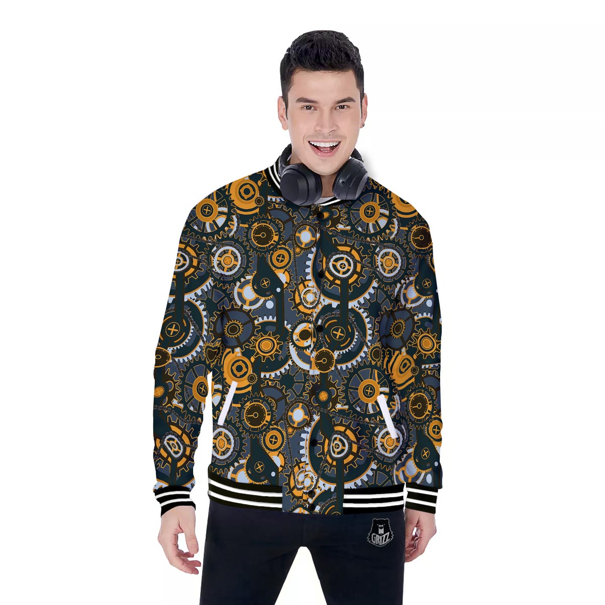 Steampunk Gears Print Pattern Baseball Jacket-grizzshop